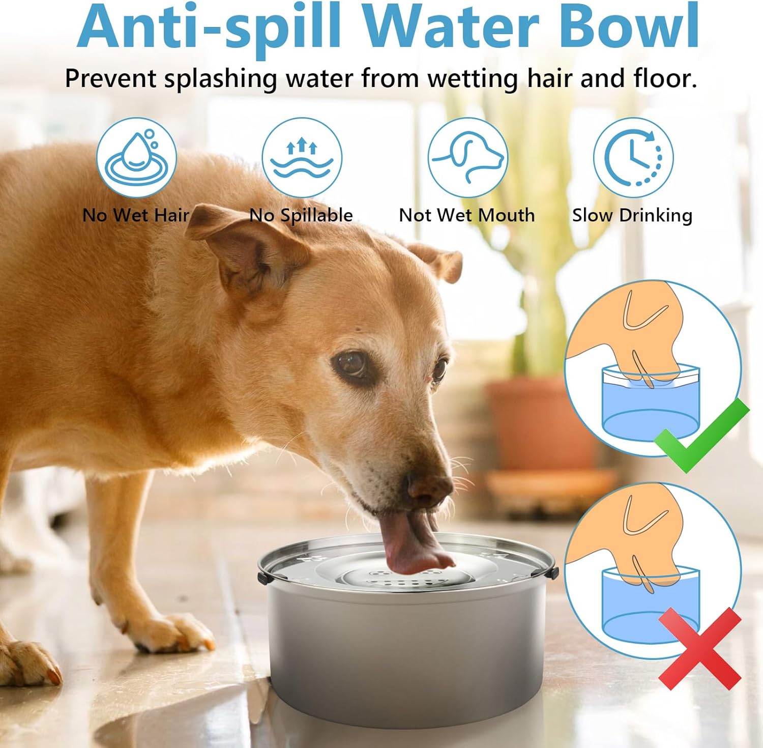 Detalle de ELISABE No Spill Dog Water Bowl 3L+1L — 2 Pack Stainless Steel, Slow-Flow, Non-Drip Water Bowls