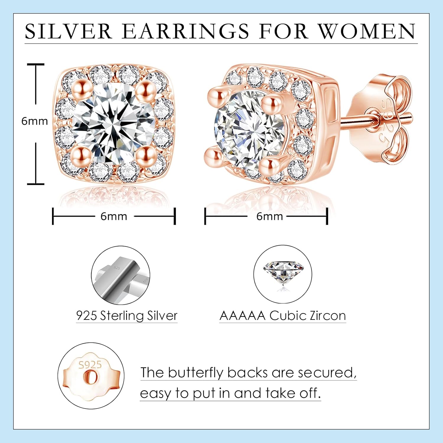 Thumbnail 1 de Deyanse Ohrstecker aus 925 Sterling Silber mit quadratischer Zirkonia (Stecker) – klein & hypoallergen