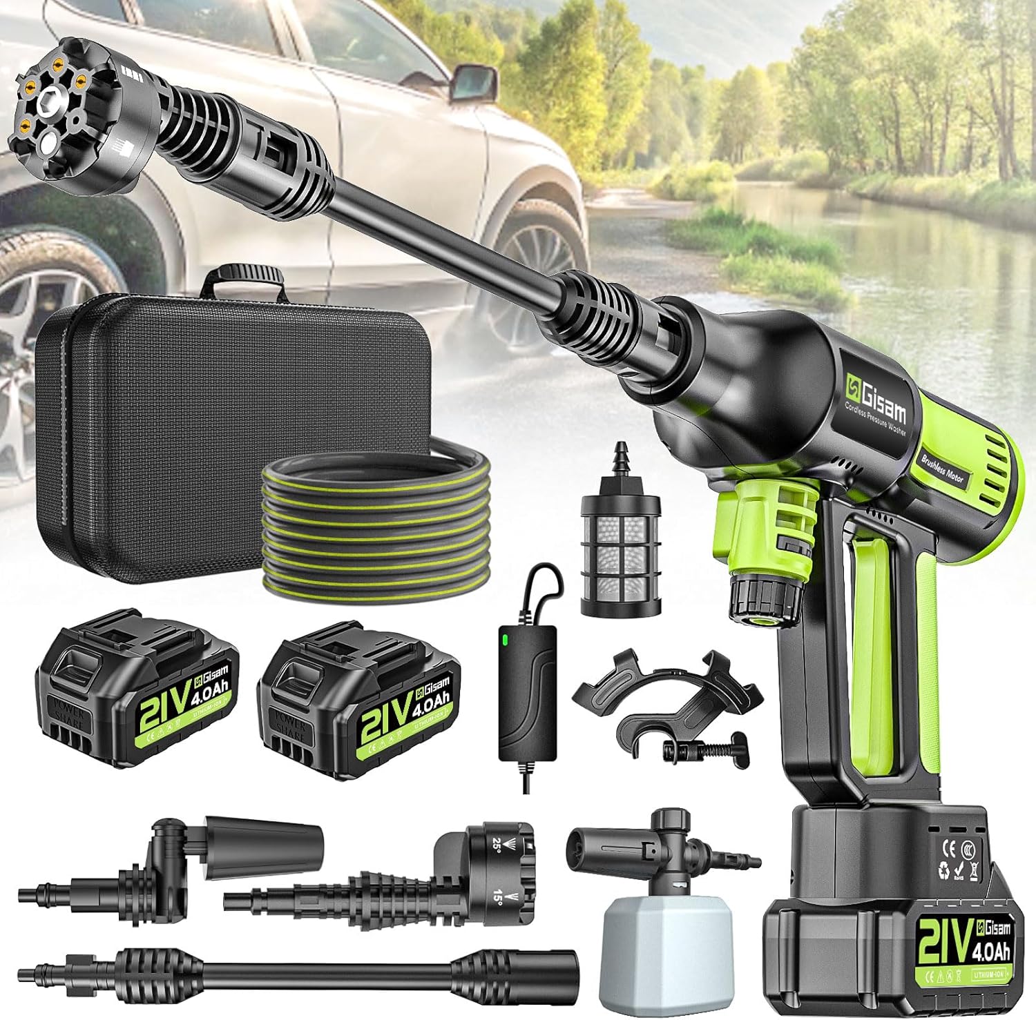 Idropulitrice a batteria highsam: 120 bar, 4 velocità, portatile con 2 batterie e accessori versatili