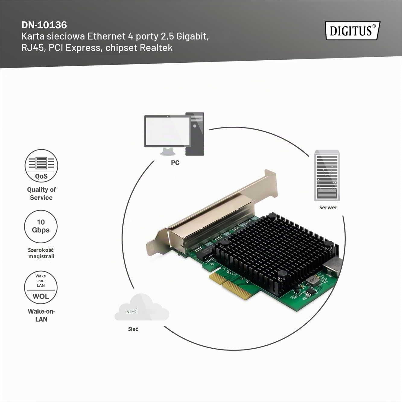 Thumbnail 2 de DIGITUS DN-10136 – czteroportowa karta sieciowa PCIe 2,5G, RJ45, RTL8125B