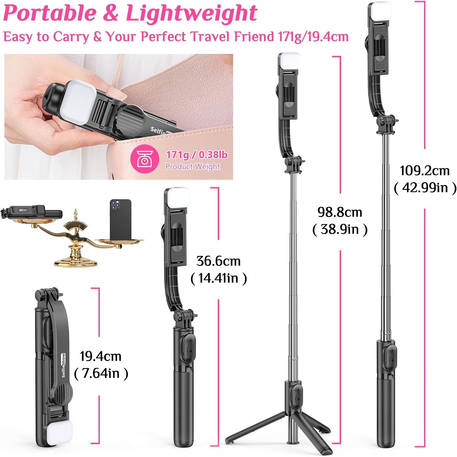 Thumbnail 6 de SelfieShow Q01SBLACK Selfie Stick Tripod with Fill Light and Remote