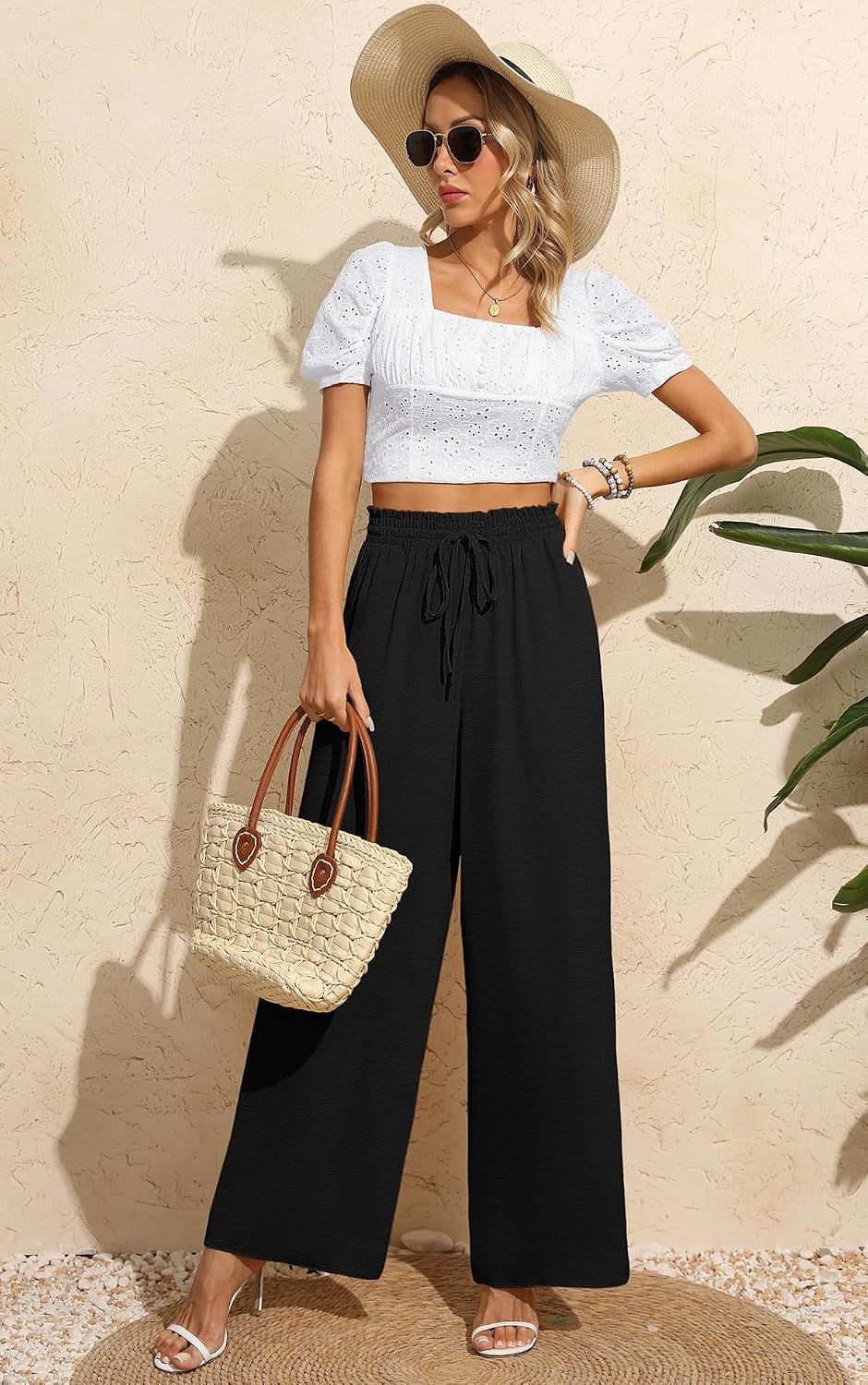 Detalle de BEIGAI Women Trousers: Elasticated High Waist Wide Leg with Pockets