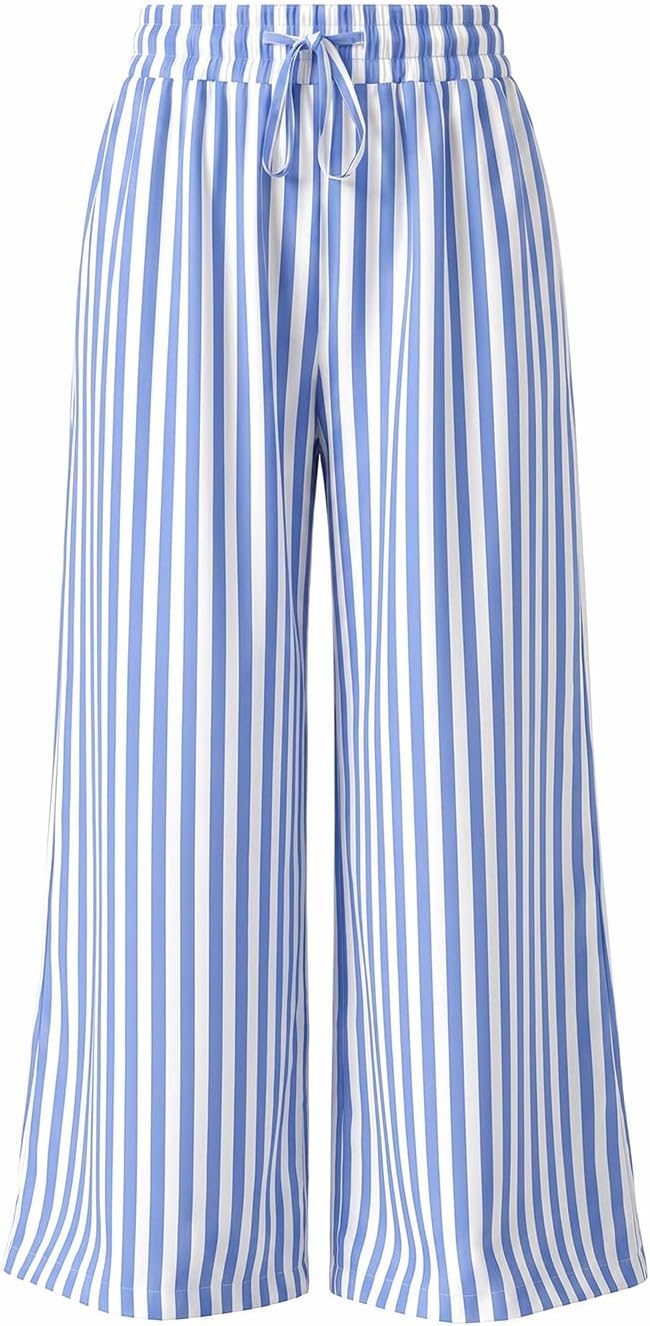 Thumbnail 6 de Acelitt Women Casual Drawstring Elastic Waist Striped Wide Leg Pants with Pockets (S-XXL)