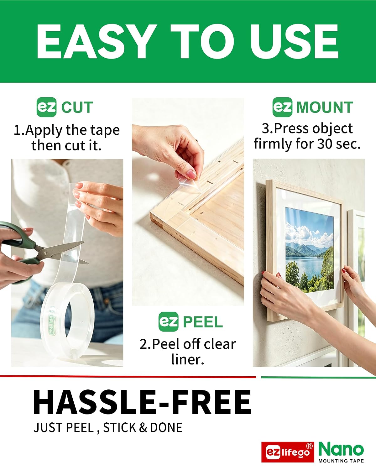 Detalle 2 de EZlifego BG0011-US Double-Sided Mounting Tape, 2-Pack, Clear, 72 lb Hold