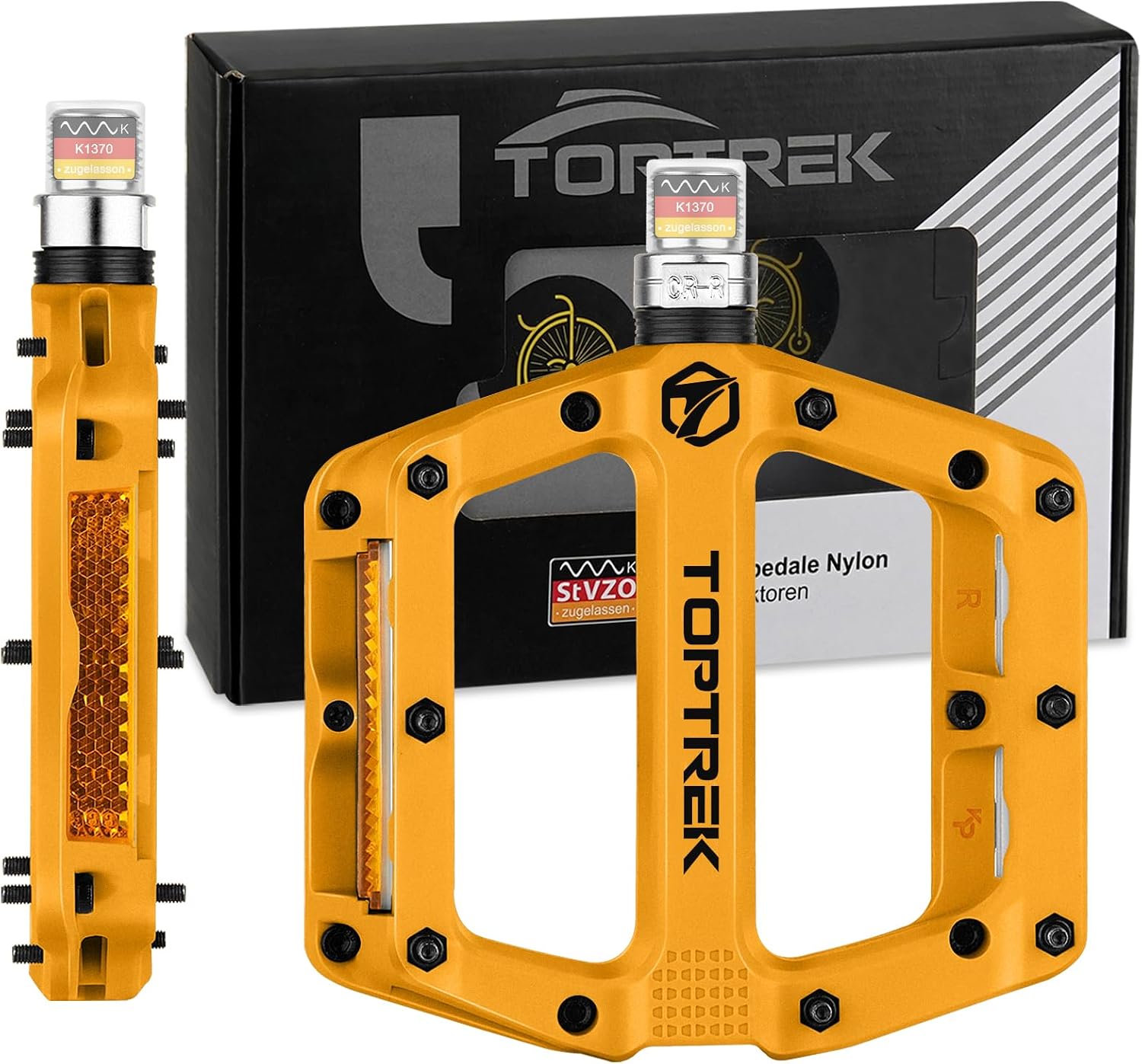 Detalle de toptrek Fahrradpedale mit StVZO Reflektoren (Nylon-Composite Flatpedale) – 9/16 Zoll, 3-Lager-Set mit rutschfesten Pins
