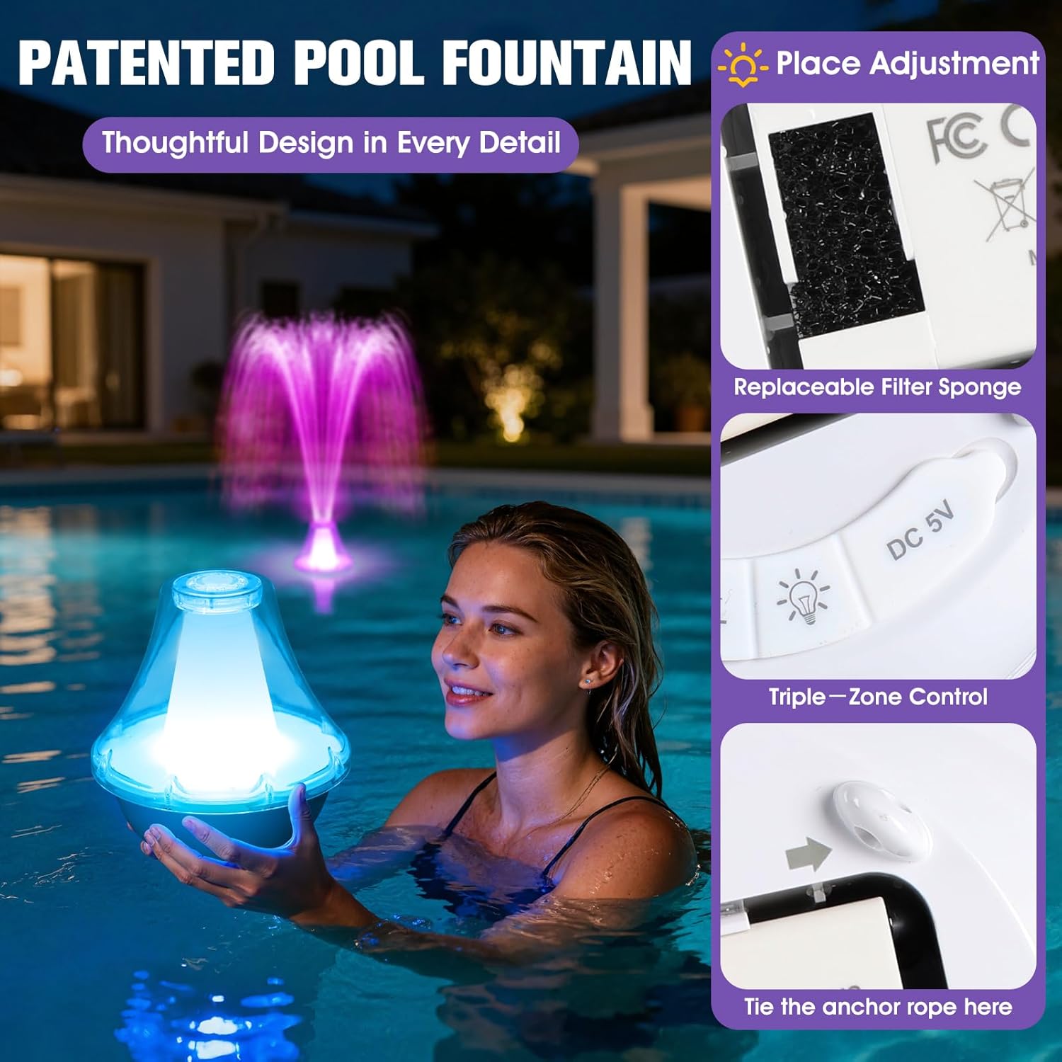 Detalle de KingSom 2026 Springbrunnen Pool – schwimmende Fontäne mit LED-Licht, Fernbedienung und USB-C Schnellladung