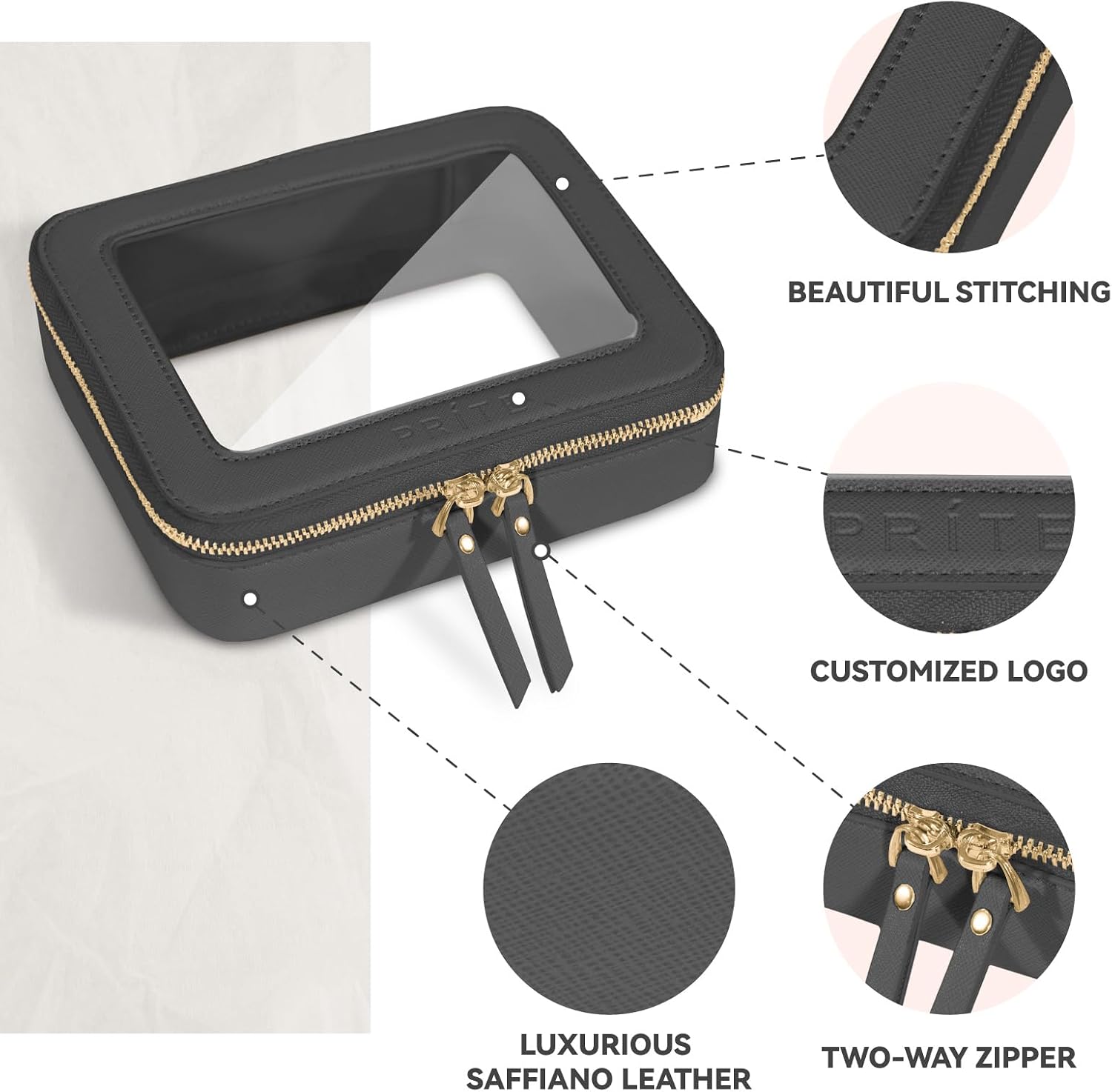Detalle 2 de Prite Clear Makeup Bag, Water-Resistant Vegan Leather Travel Organizer