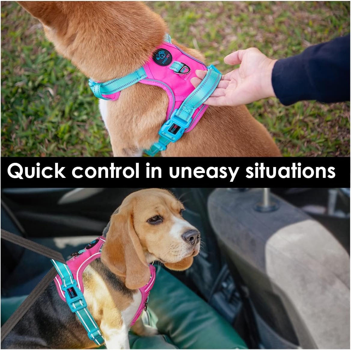 Detalle de PHOEPET No Pull Dog Harness with Escape Proof Vest – Pink Base, Green Straps, XL