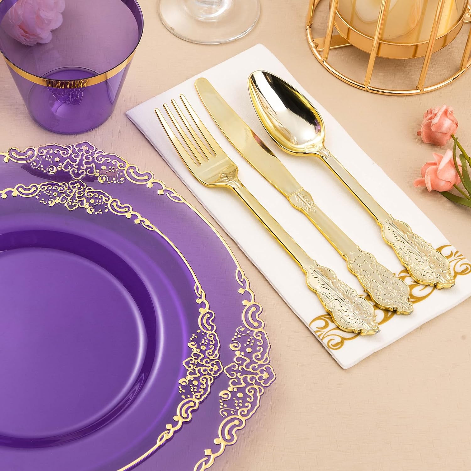 Thumbnail 3 de Bestluck 350PCS Clear Purple Plastic Plates Set for 50 Guests with Gold Trim