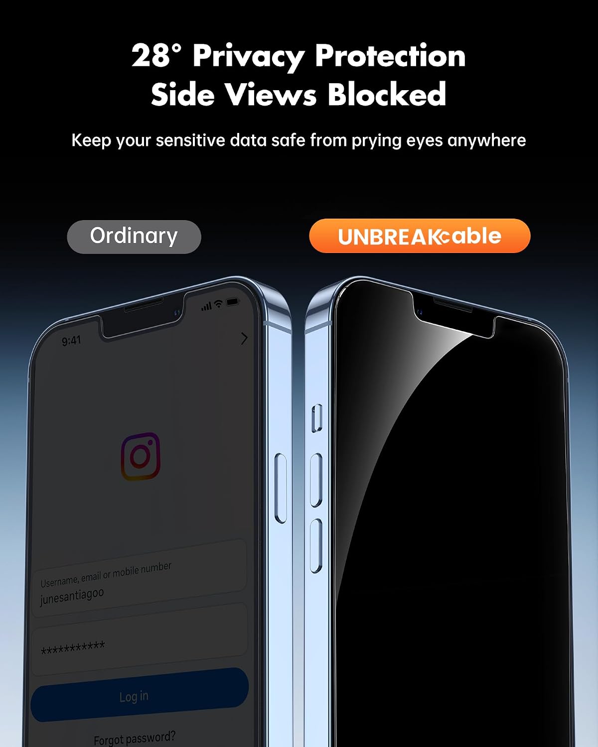Thumbnail 1 de UNBREAKcable Verre Trempé Anti-Espion 28° pour iPhone 14/13/13 Pro (6,1'') — Lot de 2 avec cadre de montage