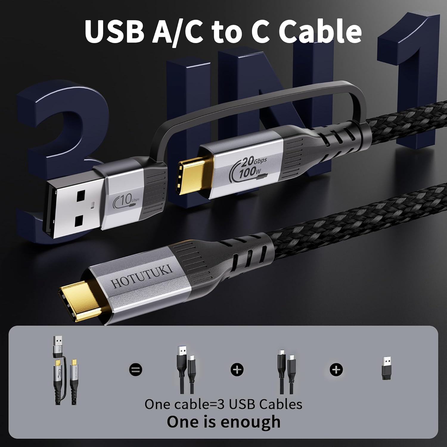 Thumbnail 1 de HOTUTUKI 2-in-1 USB A to USB C Cable 30cm, Braided nylon, 20Gbps USB-C to USB-C with detachable USB-A adapter