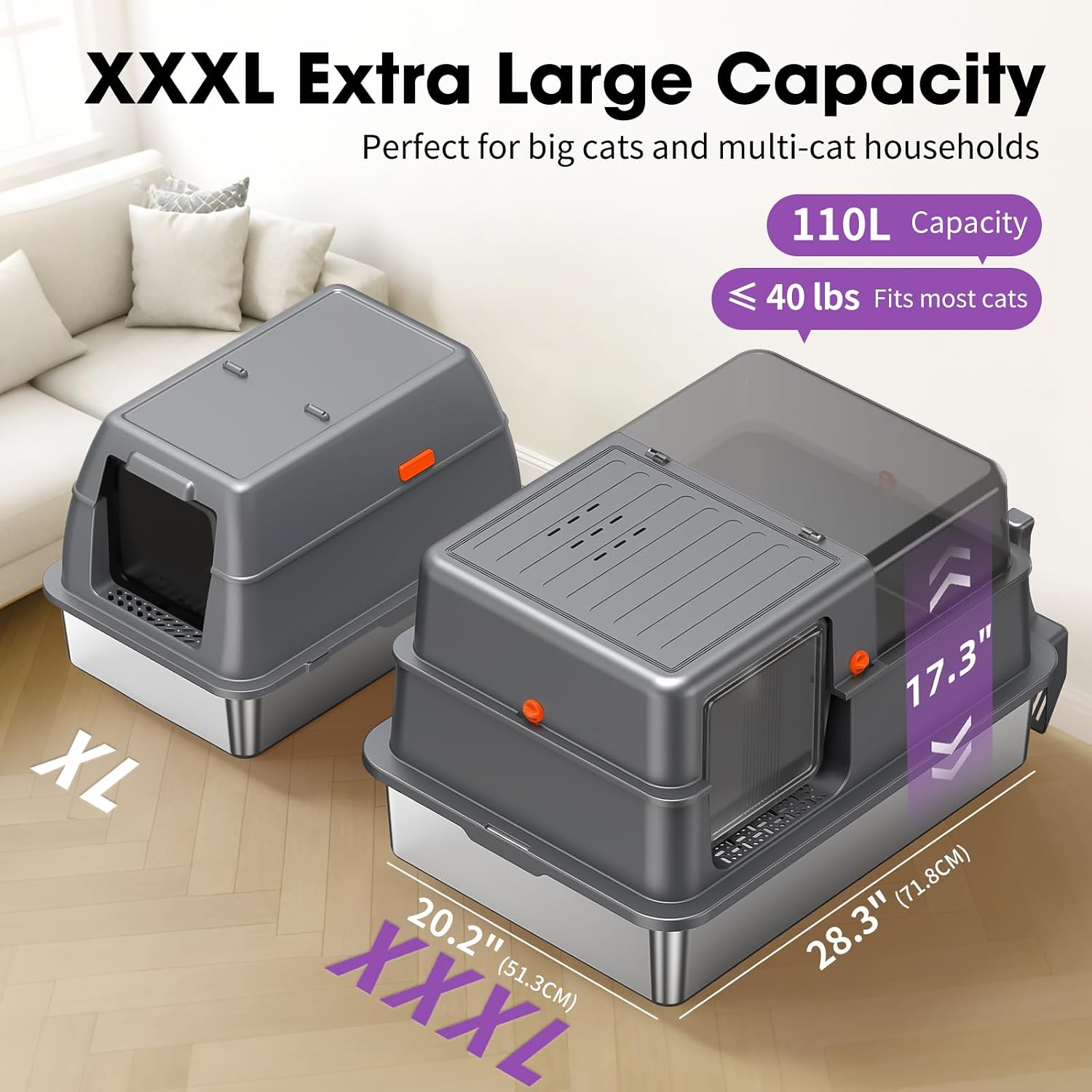 Detalle 2 de XXXL Stainless Steel Cat Litter Box – Extra Large Open High-Sided Tray with Semi-Transparent Panels