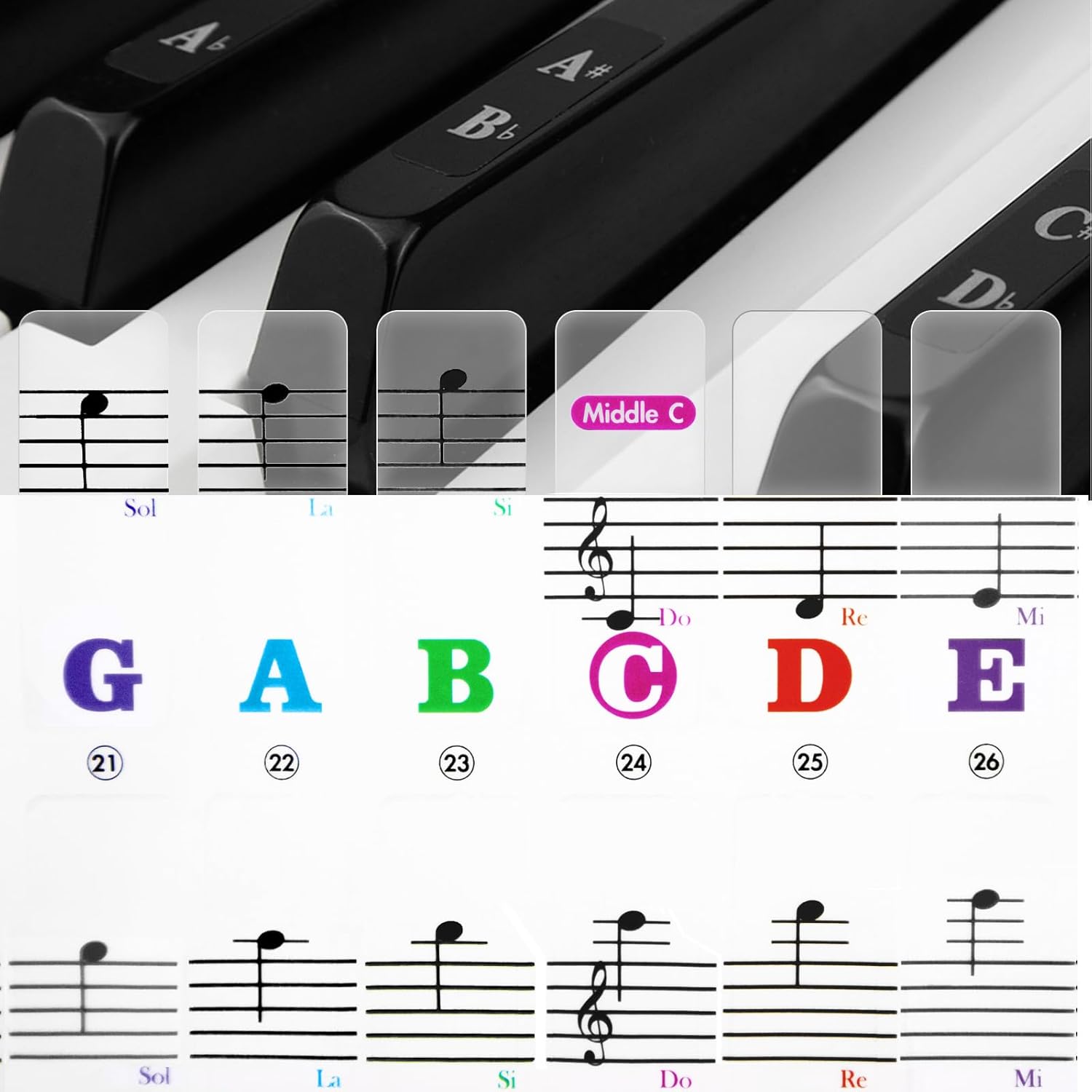 Thumbnail 6 de Azymi Piano Stickers full set for 88/76/61/54/49/37 keys (white & black key notes) – removable transparent film