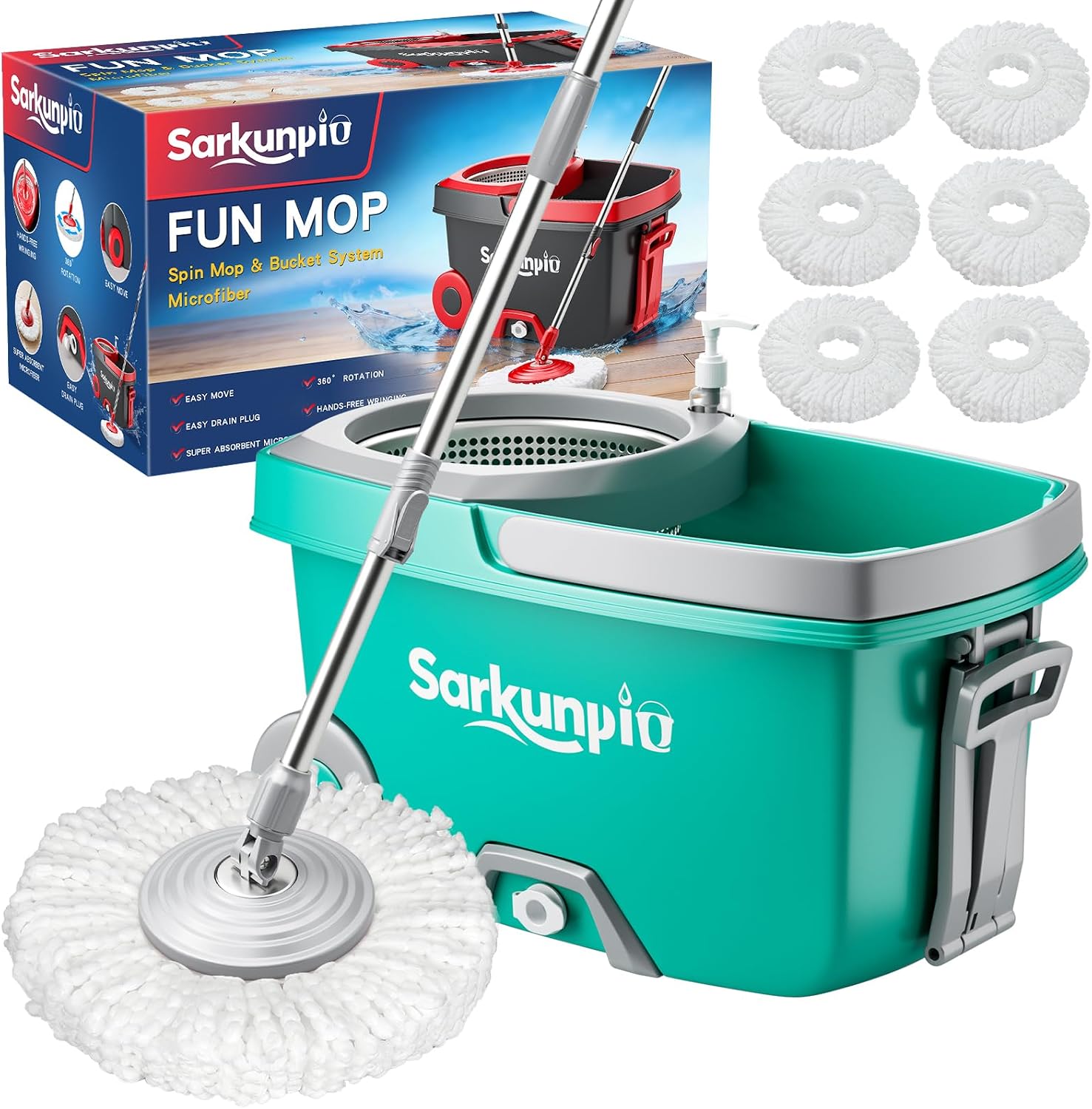Detalle de Sarkunpio J0227D Spin Mop and Bucket Set, 6 Microfiber Heads, Teal