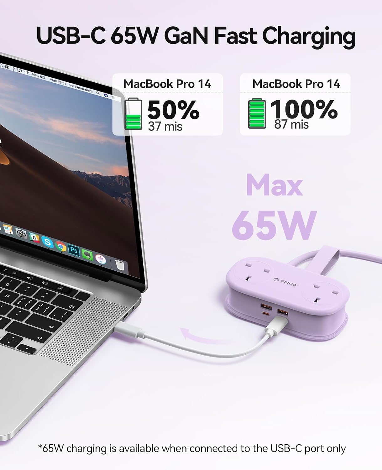 Detalle 2 de ORICO 65W GaN Travel Extension Lead with USB Slots (2 USB-A/2 USB-C) – Purple