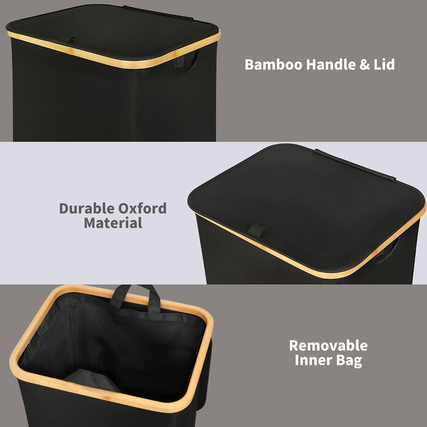 Detalle de efluky EF-100BL wasmand 100 liter met deksel, bamboe handgrepen en binnenvak