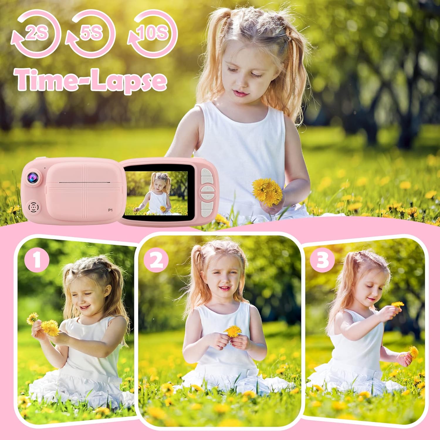 Thumbnail 4 de Fotocamera istantanea digitale per bambini Misilmp da 3,5” con stampa in bianco e nero, 1080P e SD da 32GB (rosa)