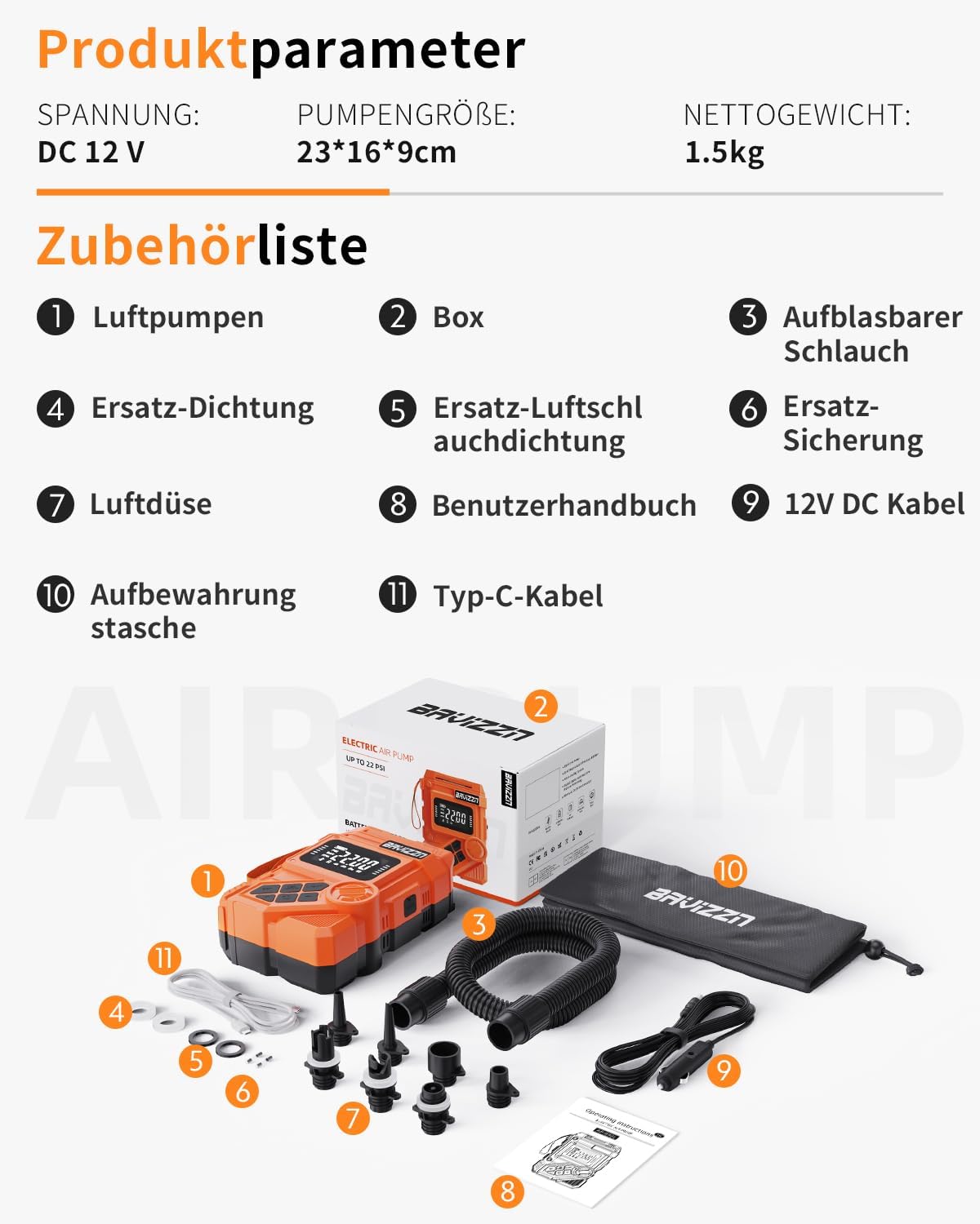 Thumbnail 6 de BAVIZZN 22PSI Akku SUP Elektrische Pumpe – vielseitig, Akku + 12V, 4 Modi, LED