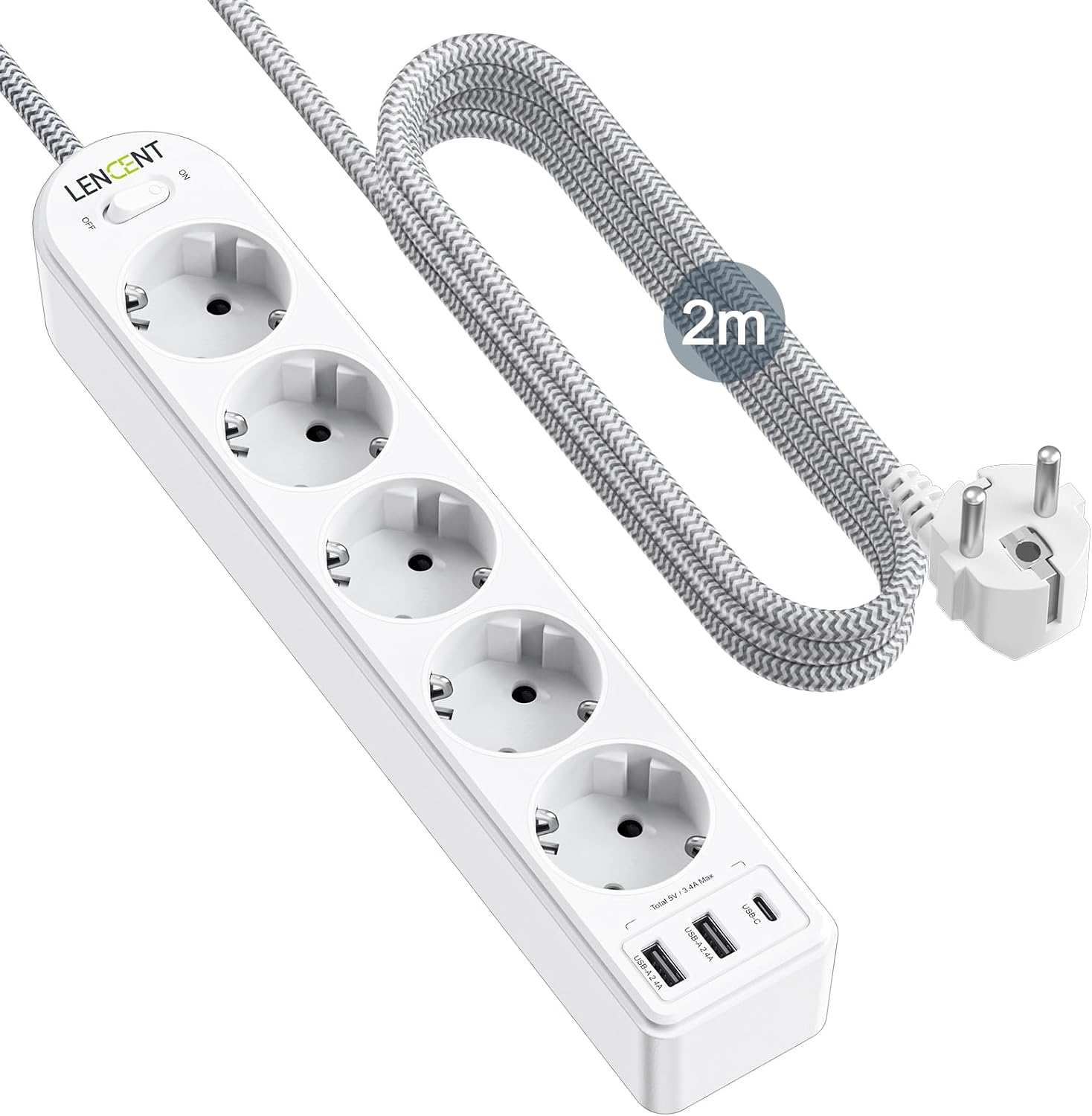 Detalle de LENCENT WP09-F5-C2U-2M grenuttag med 5 uttag, USB och 2 m kabel