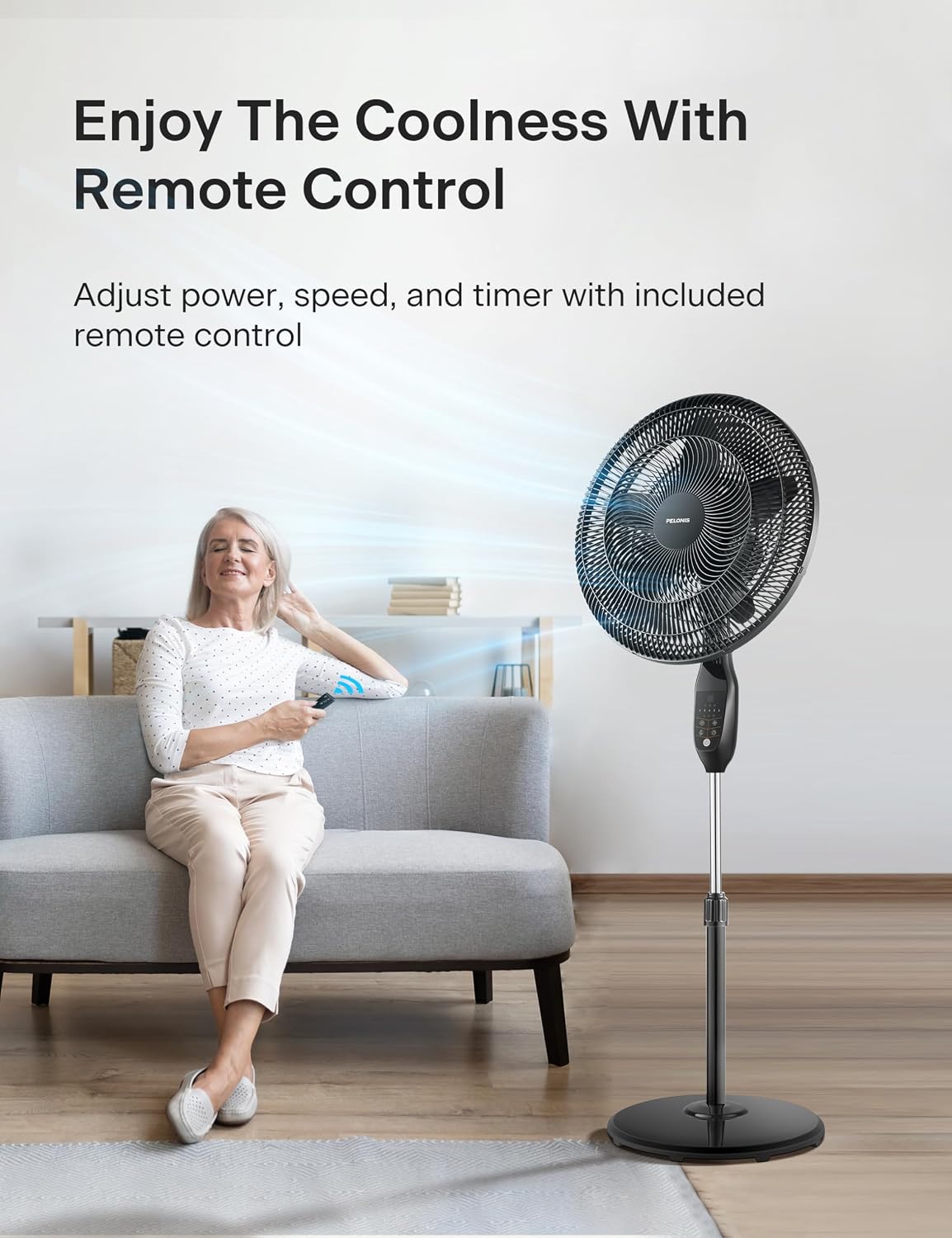 Detalle de PELONIS PFS45A5BBB 18 inch 5-Blade Oscillating Remote Pedestal Fan with LED Display and 7-Hour Timer (Black)
