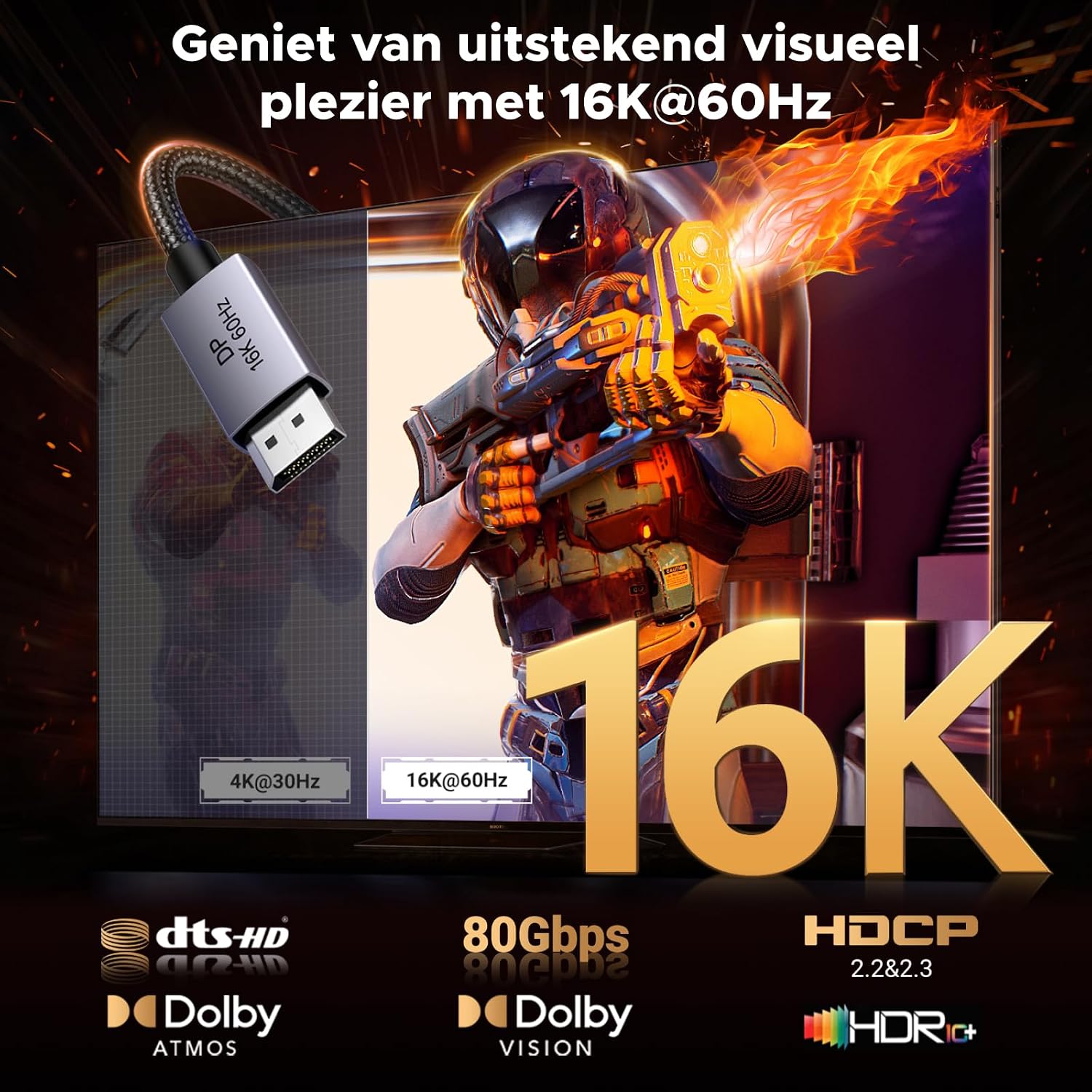 Detalle 2 de UGREEN 16K DP 2.1 DisplayPort-kabel, VESA-gecertificeerd, 0,5 m, 80 Gbps