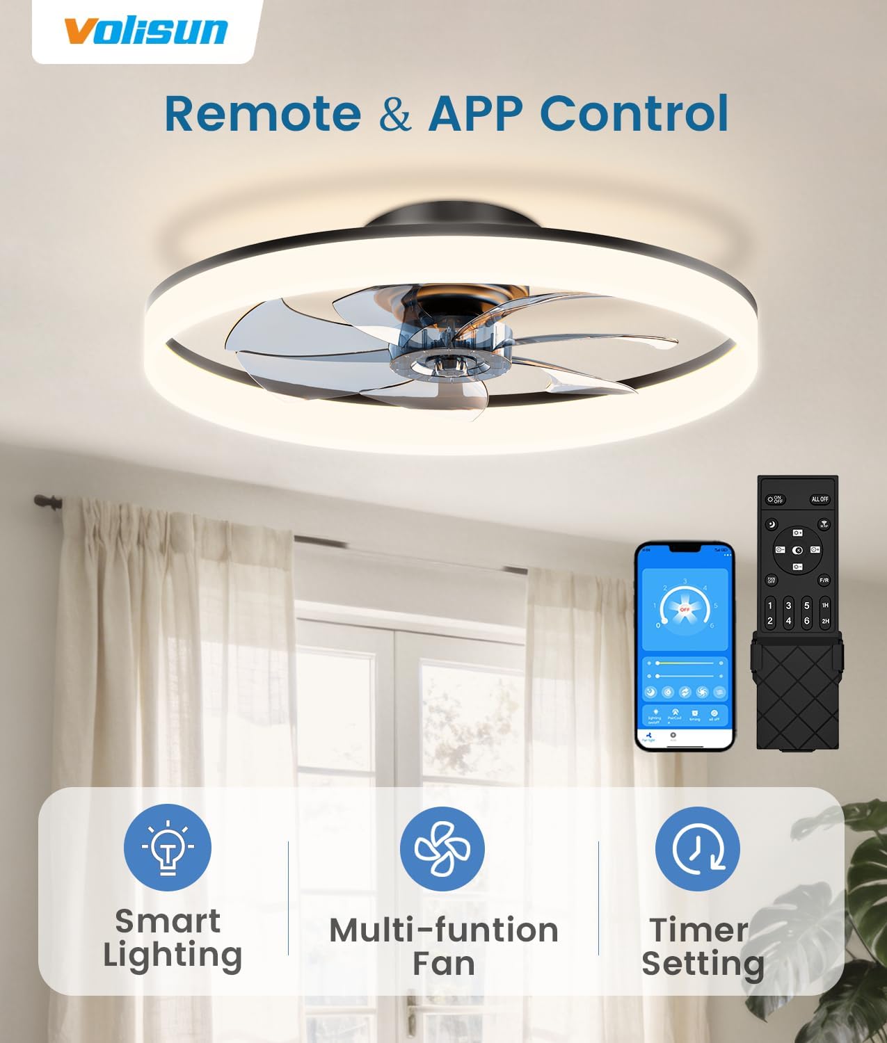 Detalle de VOLISUN Ceiling Fan with Light, 24-Inch