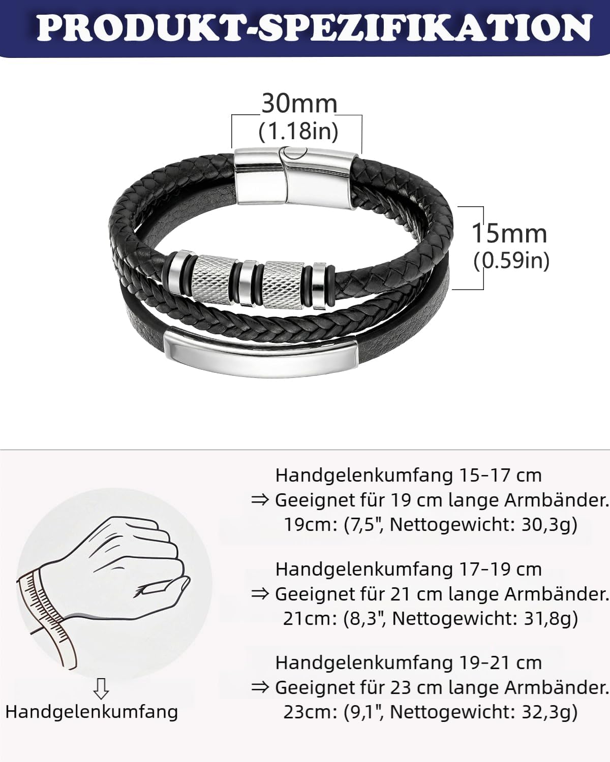 Thumbnail 4 de Armband Herren Leder 21–23 cm Magnetverschluss