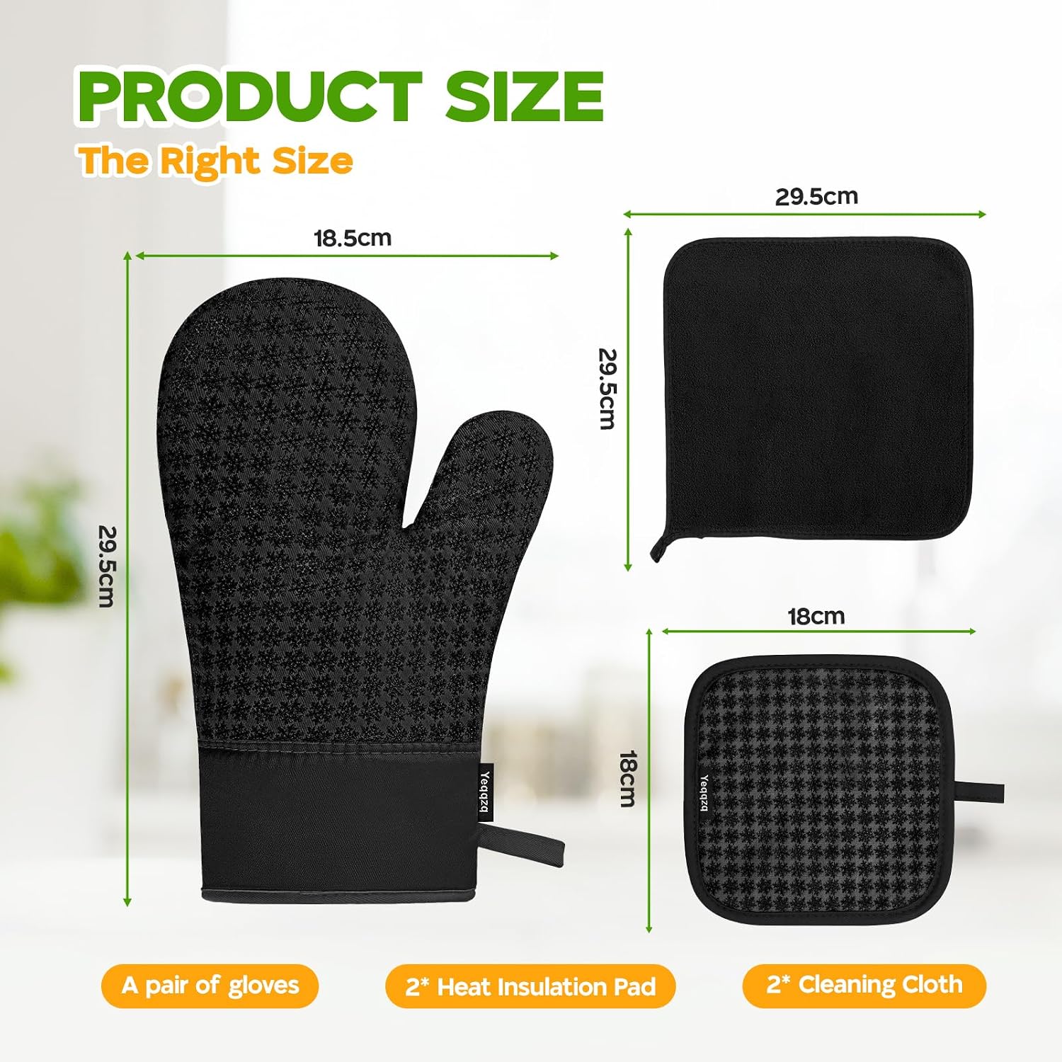 Detalle 2 de Yeqqzq 6-piece oven mitts and pot holders set with non-slip silicone, extra-long gloves (black)