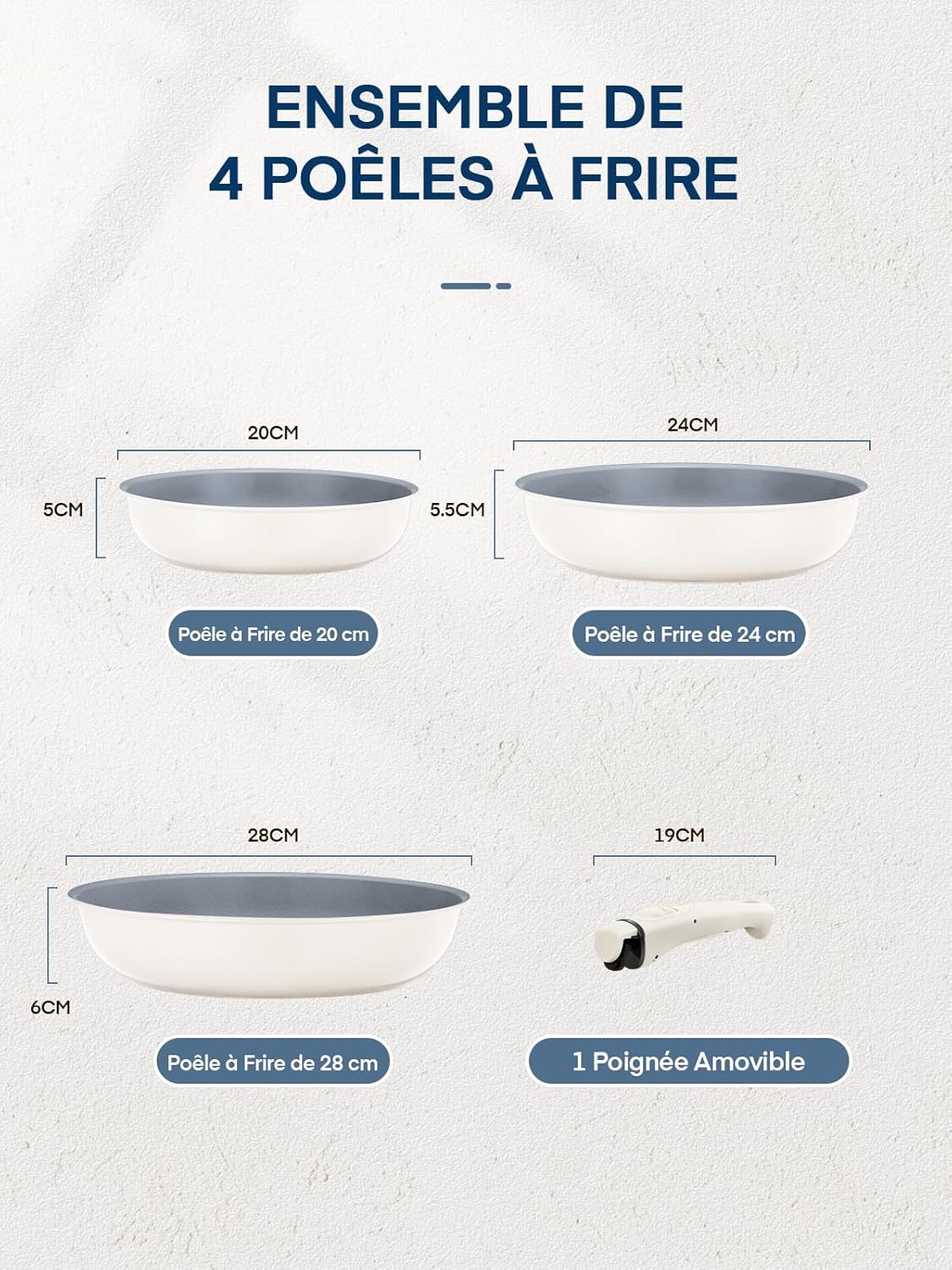 Thumbnail 1 de FOHERE lot de 3 poêles 20/24/28 cm avec poignée amovible (revêtement céramique, induction)