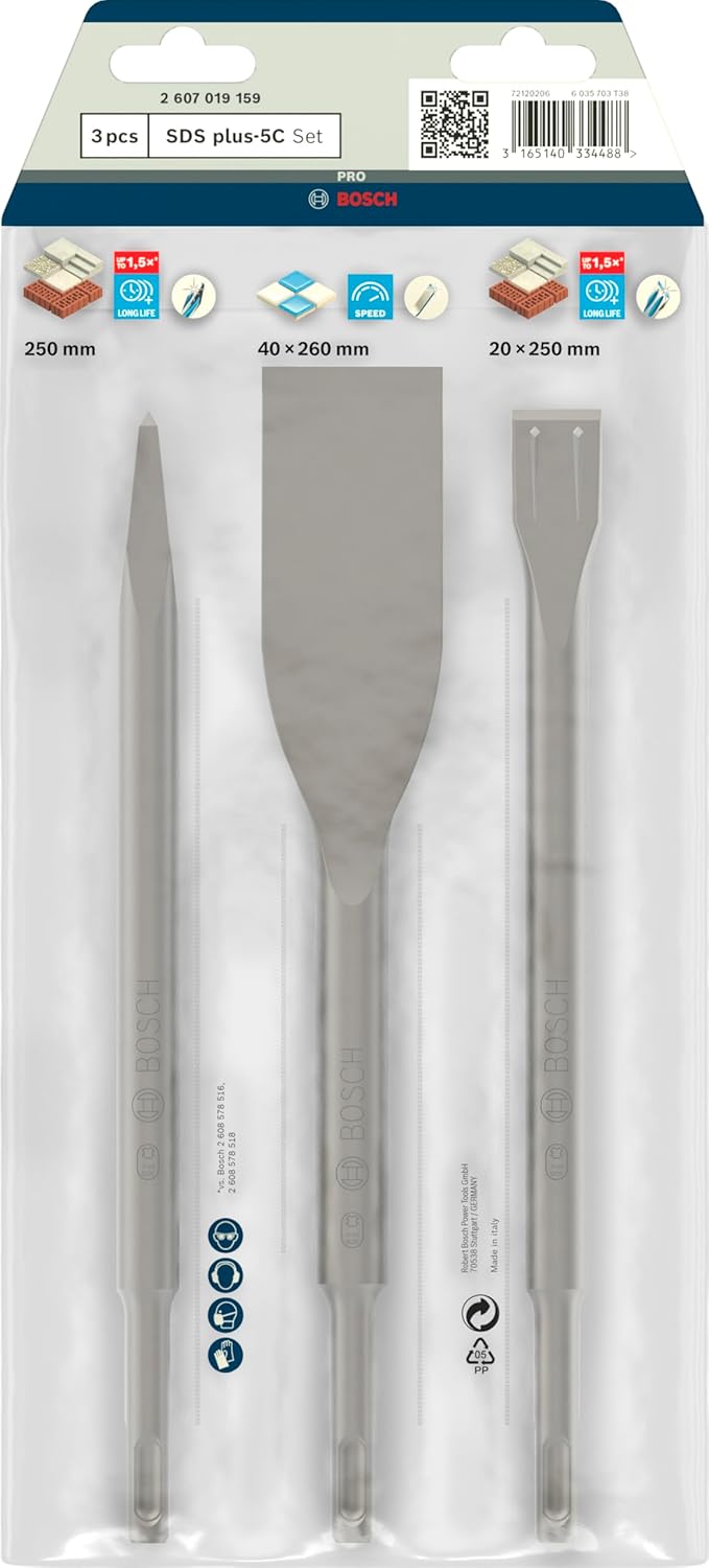Thumbnail 1 de Bosch 3x PRO SDS-plus-5C Meißel-Set (3-tlg.) für Beton & Ziegel – Profi-Zubehör für Bohrhammer mit Drehstopp