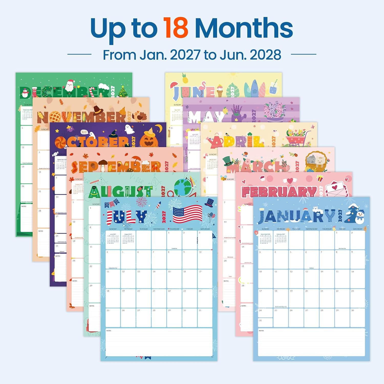 Detalle de SUNEE 2027 Wall Calendar, 18 Months, 12" x 17" with Stickers and Notes