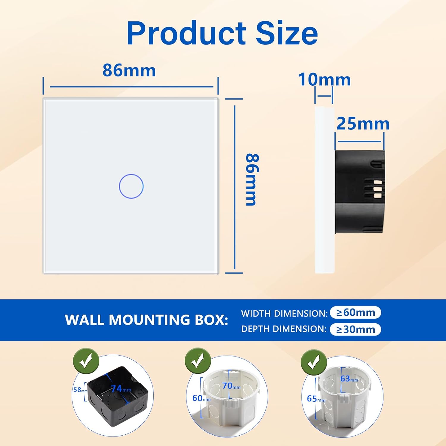 Detalle de BSEED Touch Light Switch (Tempered Glass Panel, LED Indicator) – 1 Gang, 1 Way, White (No Neutral Wire)