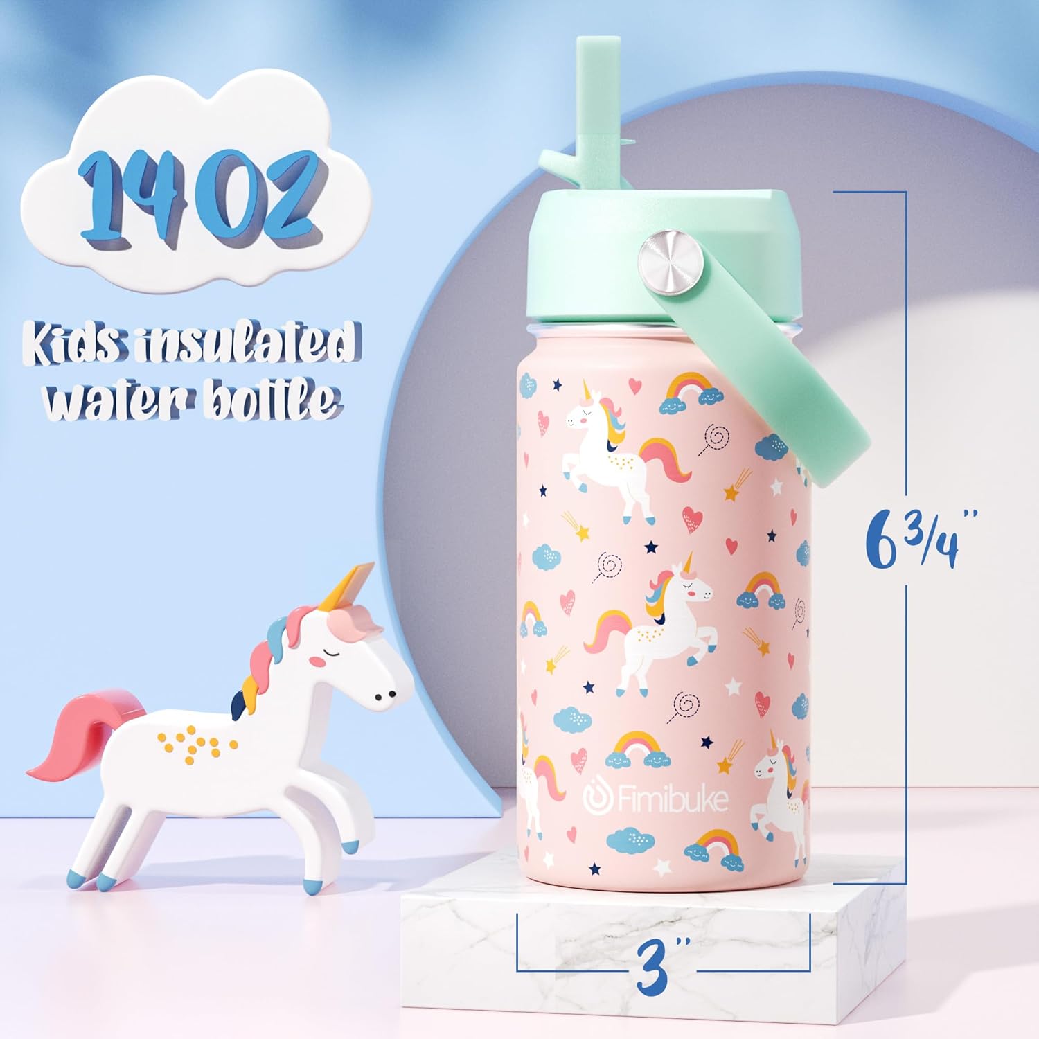 Detalle 2 de Fimibuke Kids Insulated Water Bottle (14oz) BPA-Free Double-Wall Vacuum Tumbler, Leak-Proof Straw Cups — 2-Pack (Unicorn/White Dinosaur)
