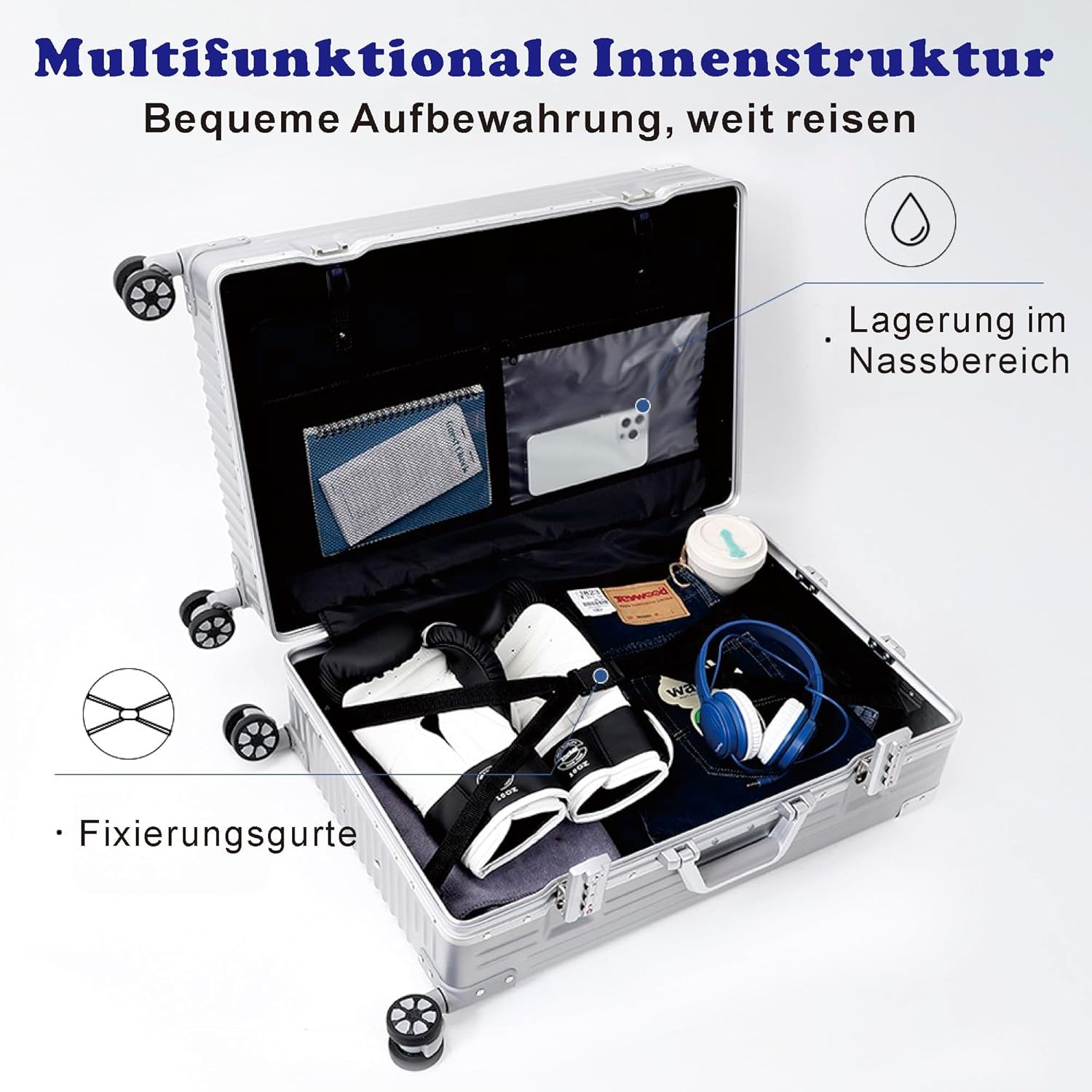 Detalle de Aoliwei Aluminiumrahmen Koffer M (57 cm) Handgepäck – 42 l Hartschalen-Trolley mit TSA & 360° Rollen, silber