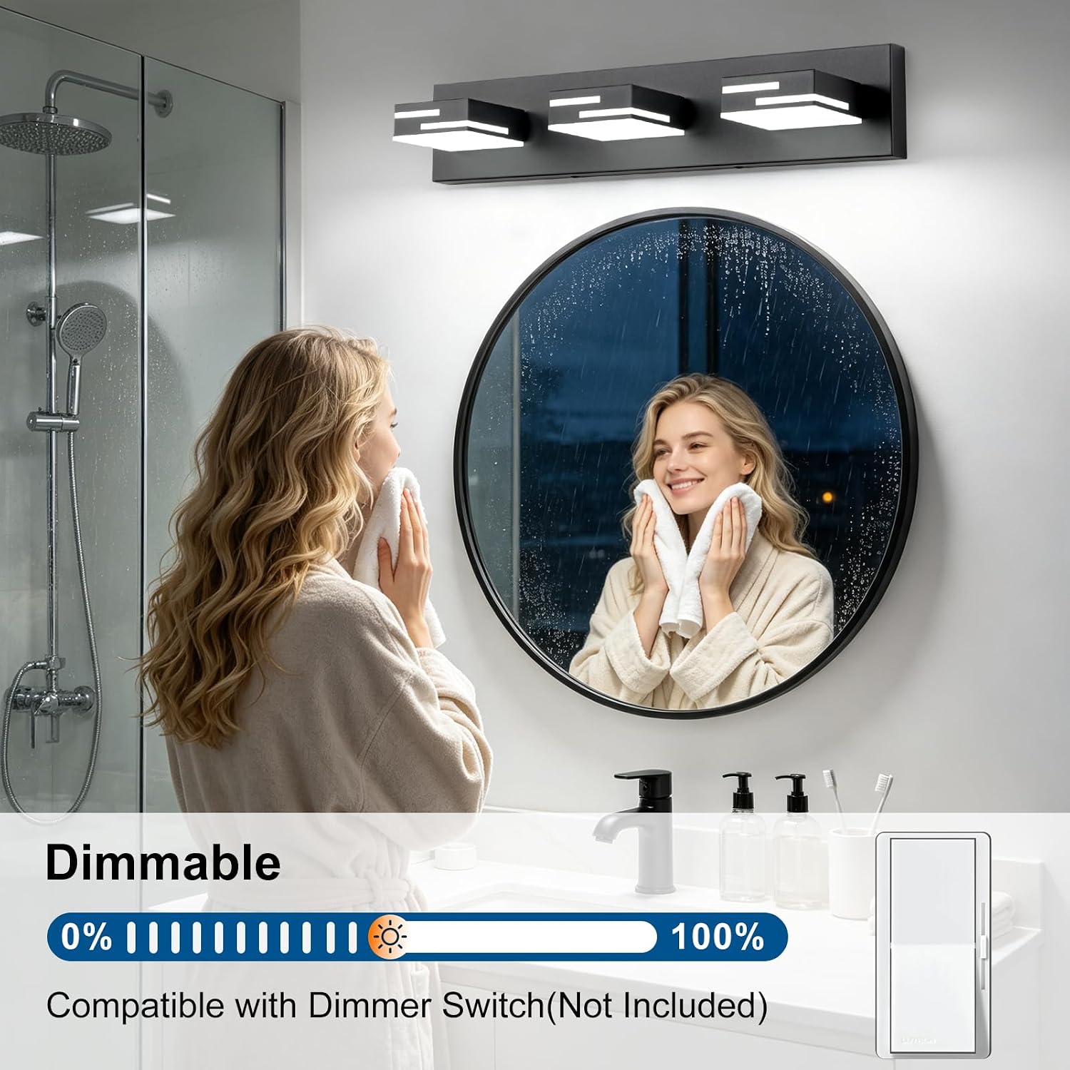 Detalle de LKHF 9553 3-Light LED Vanity Light, 56 cm Matte Black, 6000K, Dimmable
