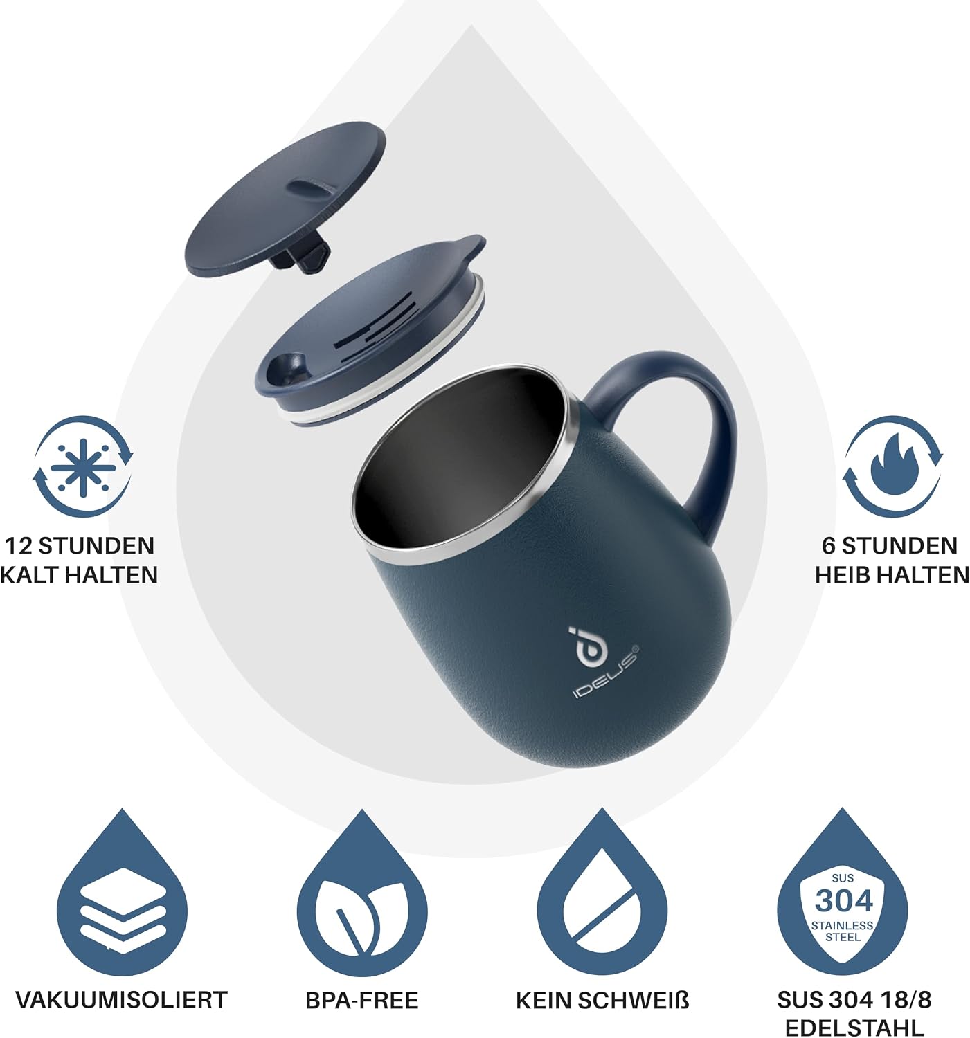 Thumbnail 1 de Ideus Kaffeebecher 470 ml (16 oz) – doppelwandige vakuumisolierte Edelstahl-Kaffee- und Teetasse mit Schiebemoduldeckel (Marineblau)