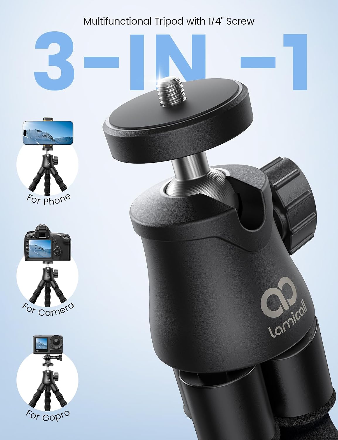 Thumbnail 1 de Lamicall Mini Tripod for iPhone – Ultra Compact, Flexible 3-in-1 Tripod with Remote