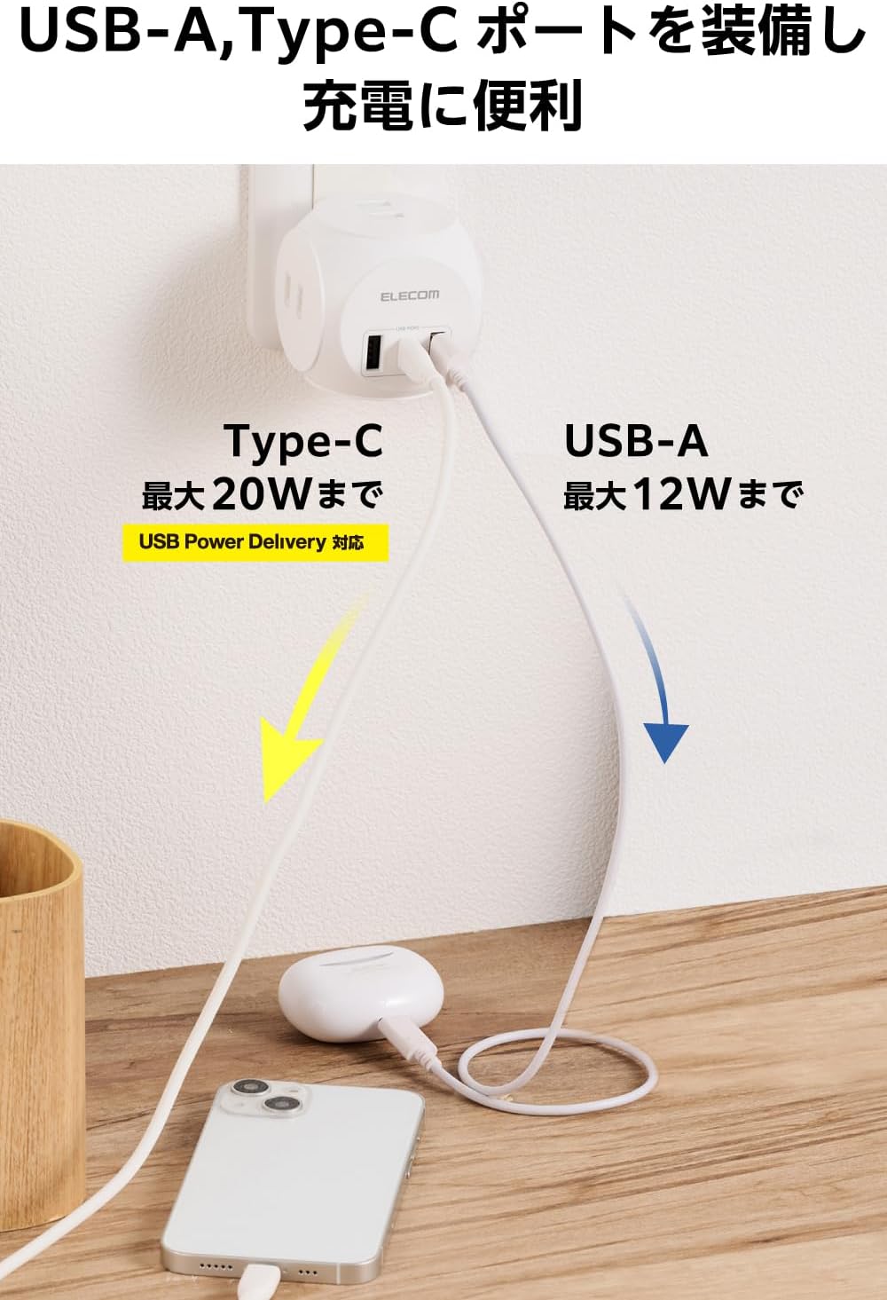 Detalle 2 de エレコム ECT-34WH 球体型電源タップ USB-C 20W PD対応・AC3口・USB-A2口
