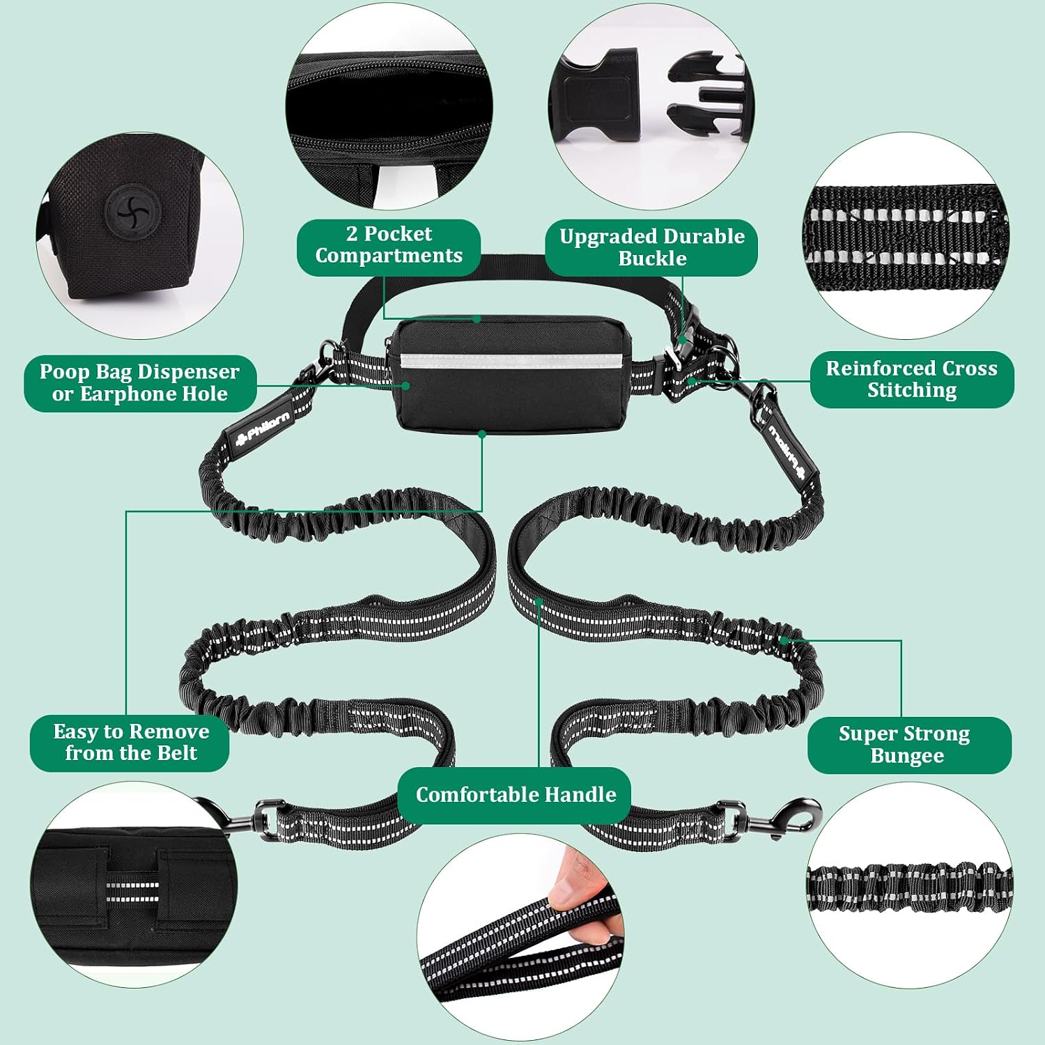Thumbnail 2 de Philorn Hands Free Two-Dog Lead with Adjustable Waist Belt – Dual Handles, 2 Shock Absorbers, Black