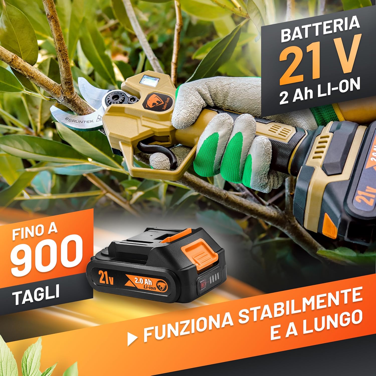 Detalle de GRÜNTEK Forbici Potatura a Batteria: Cesoie Elettriche 21V con Display LCD e 3 livelli di taglio