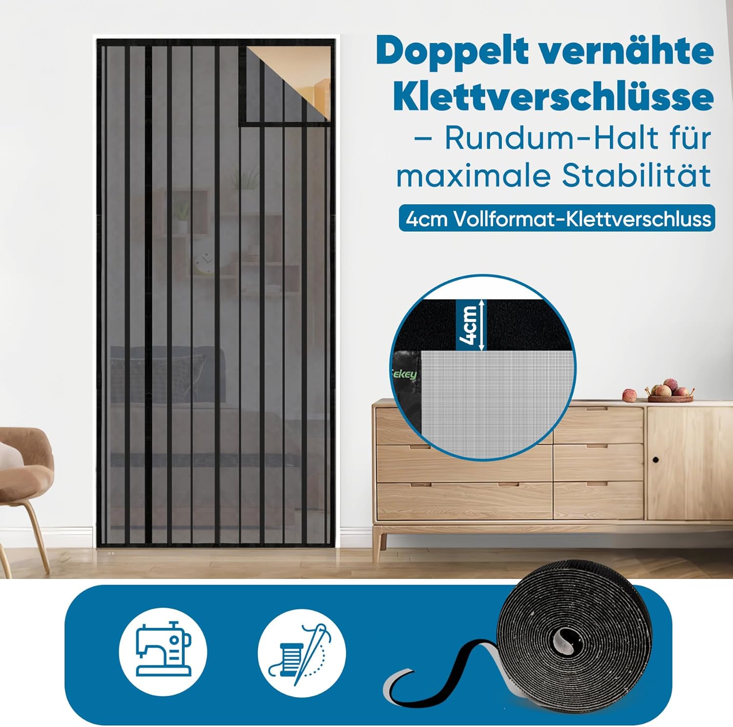 Detalle de Sekey Fliegengitter Tür Vorhang – magnetisch, ohne Bohren, 95x210 cm, schwarz