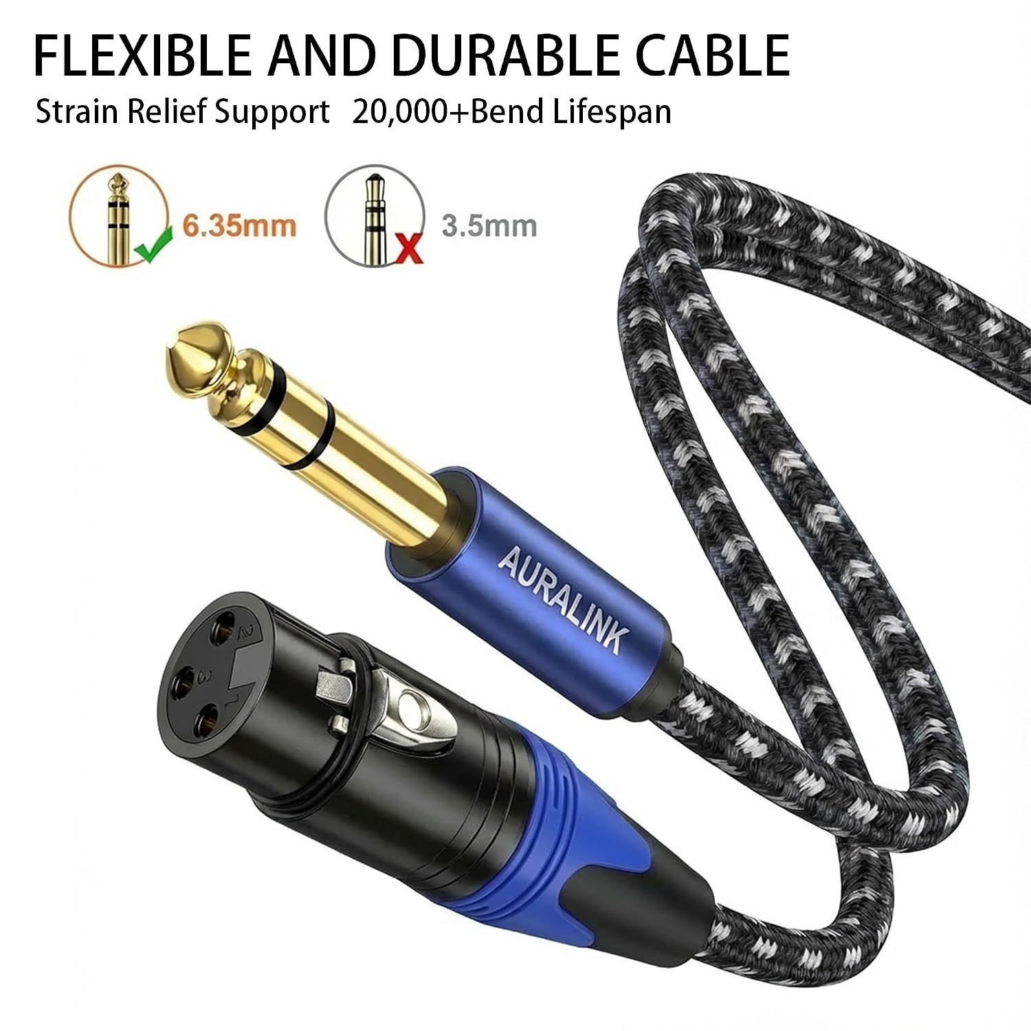 Detalle de AURALINK XLR Female to 1/4 Inch TRS Cable (6.35mm) – Braided, Balanced Microphone Cable, 1m