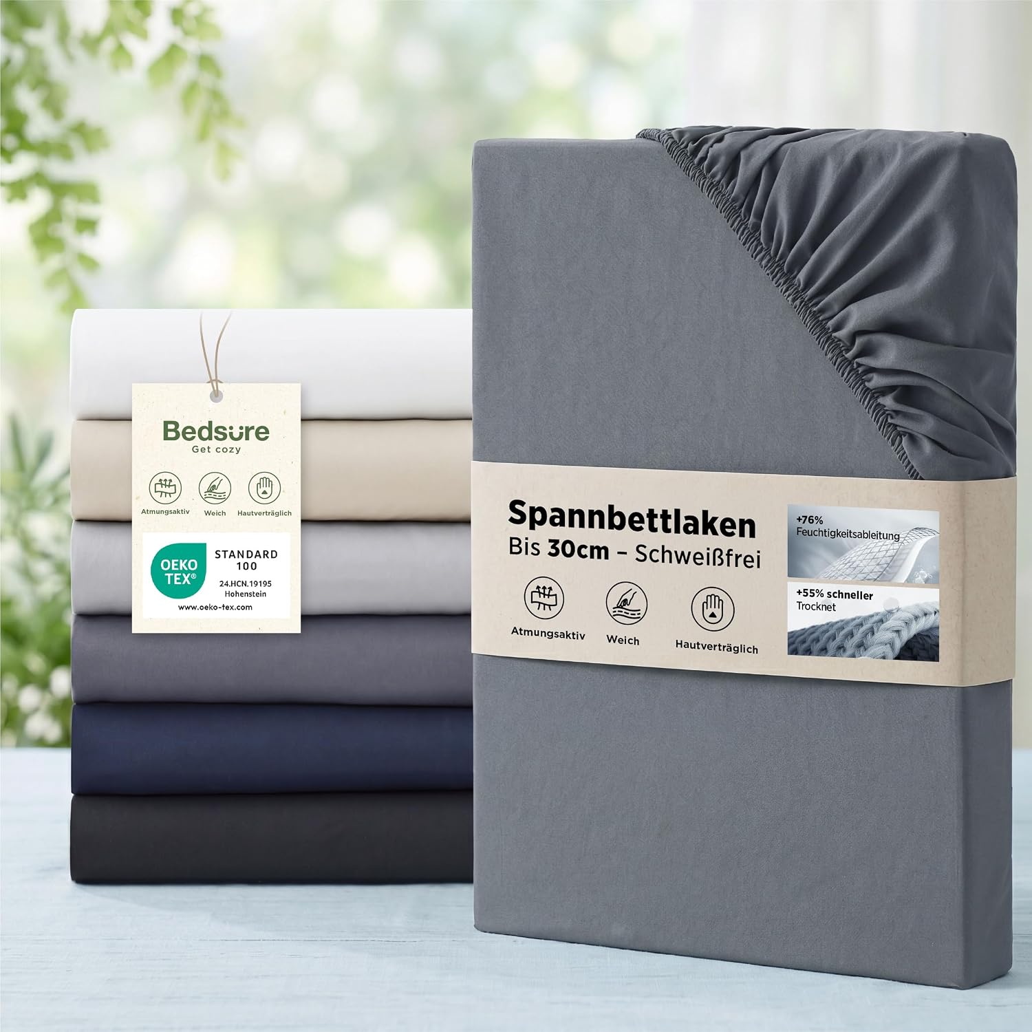 Detalle de Bedsure Spannbettlaken 180x200 cm – OEKO-TEX Mikrofaser, 30 cm Tasche, atmungsaktiv und schnelltrocknend, Anthrazit