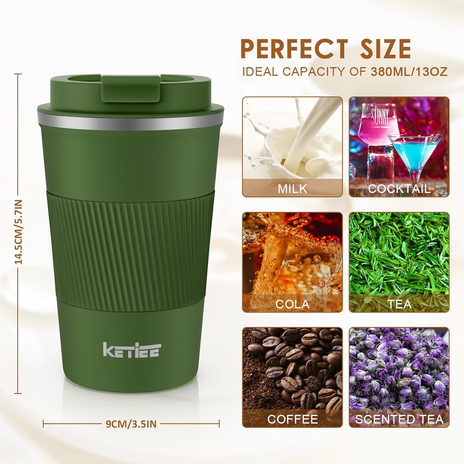 Thumbnail 6 de KETIEE Kaffeebecher to go – 380 ml, doppelwandiger Thermobecher mit auslaufsicherem Deckel in Olivgrün