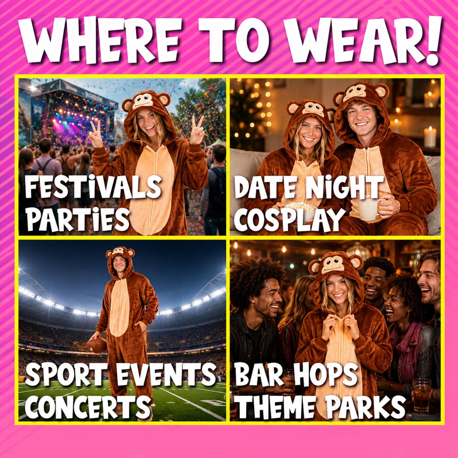 Detalle 2 de Funziez! Slim Adult Onesie Monkey Costume, Brown Fleece, Full-Zip Design