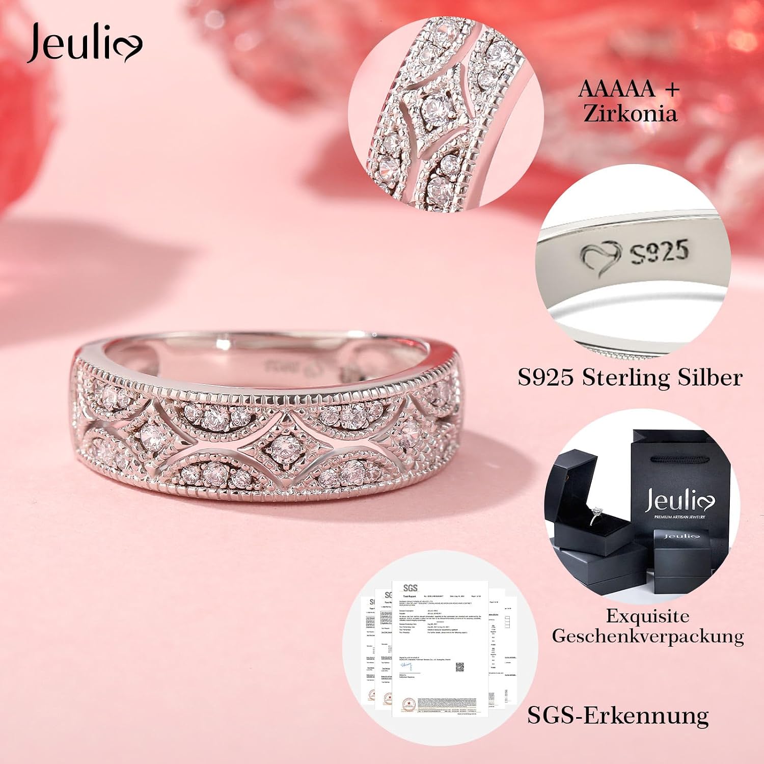 Detalle de Jeulia 925 Sterling Silber Ring Milgrain & Rundschliff – Damenband mit Schmuckschatulle