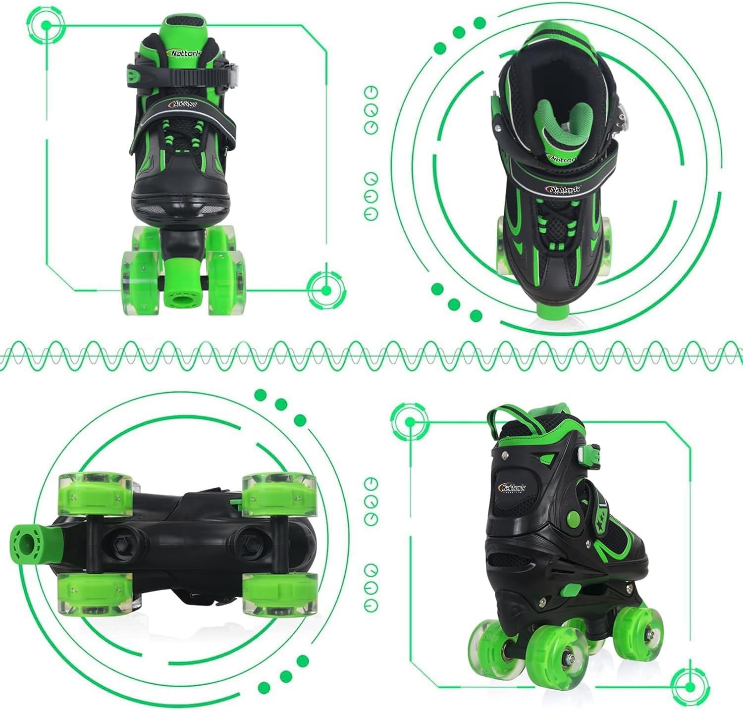 Detalle de Nattork Kids Adjustable Quad Roller Skates with Light-Up Wheels