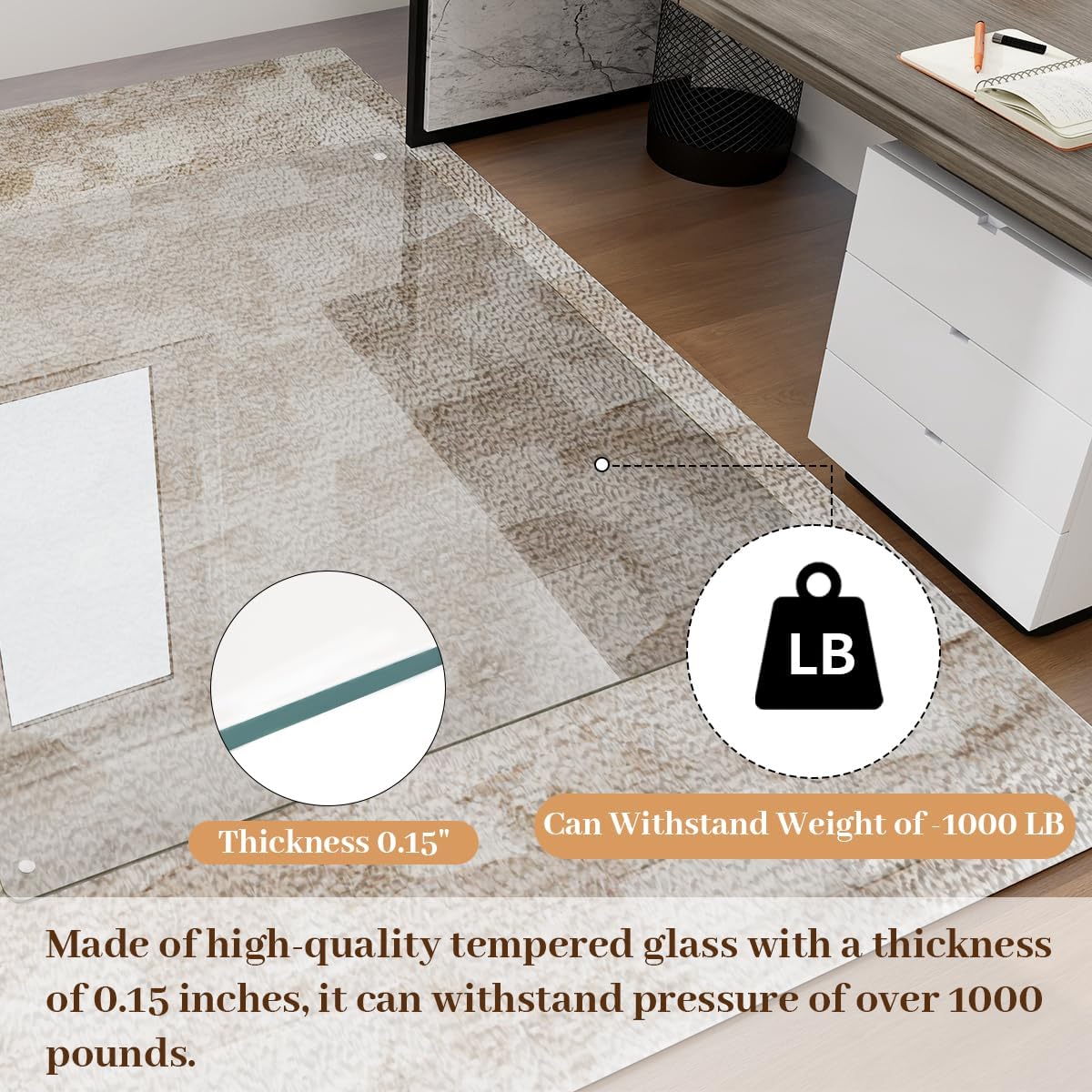 Thumbnail 1 de Koonmi K-GlassMat 3646-4MM Tempered Glass Chair Mat, 36" x 46