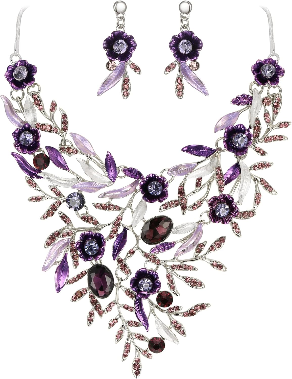 Thumbnail 5 de Parure de bijoux de mariage Clearine : collier et boucles d’oreilles en émail et cristal, fleurs et longues feuilles