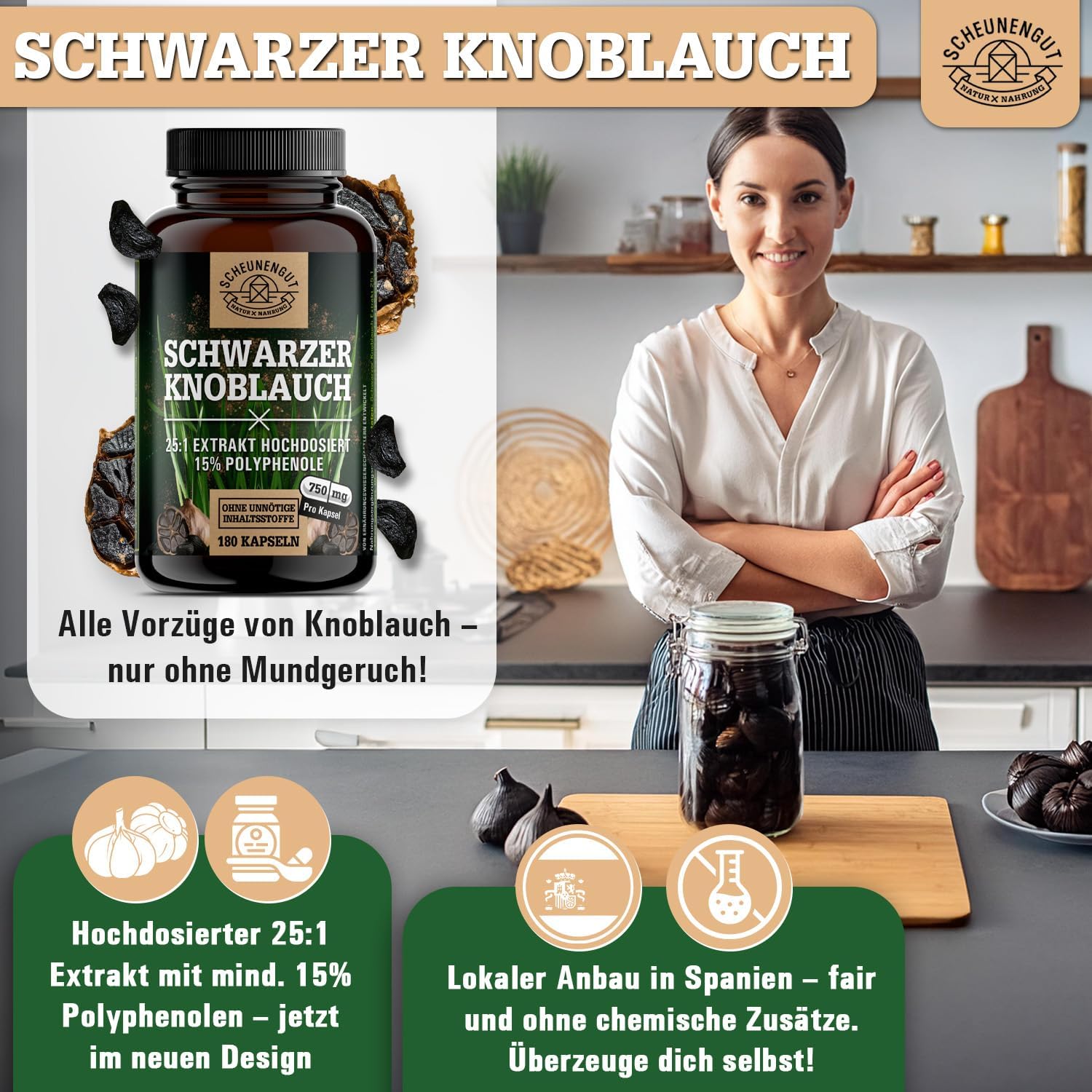 Detalle 2 de SCHEUNENGUT® Schwarzer Knoblauch 1500mg Kapseln 🧄